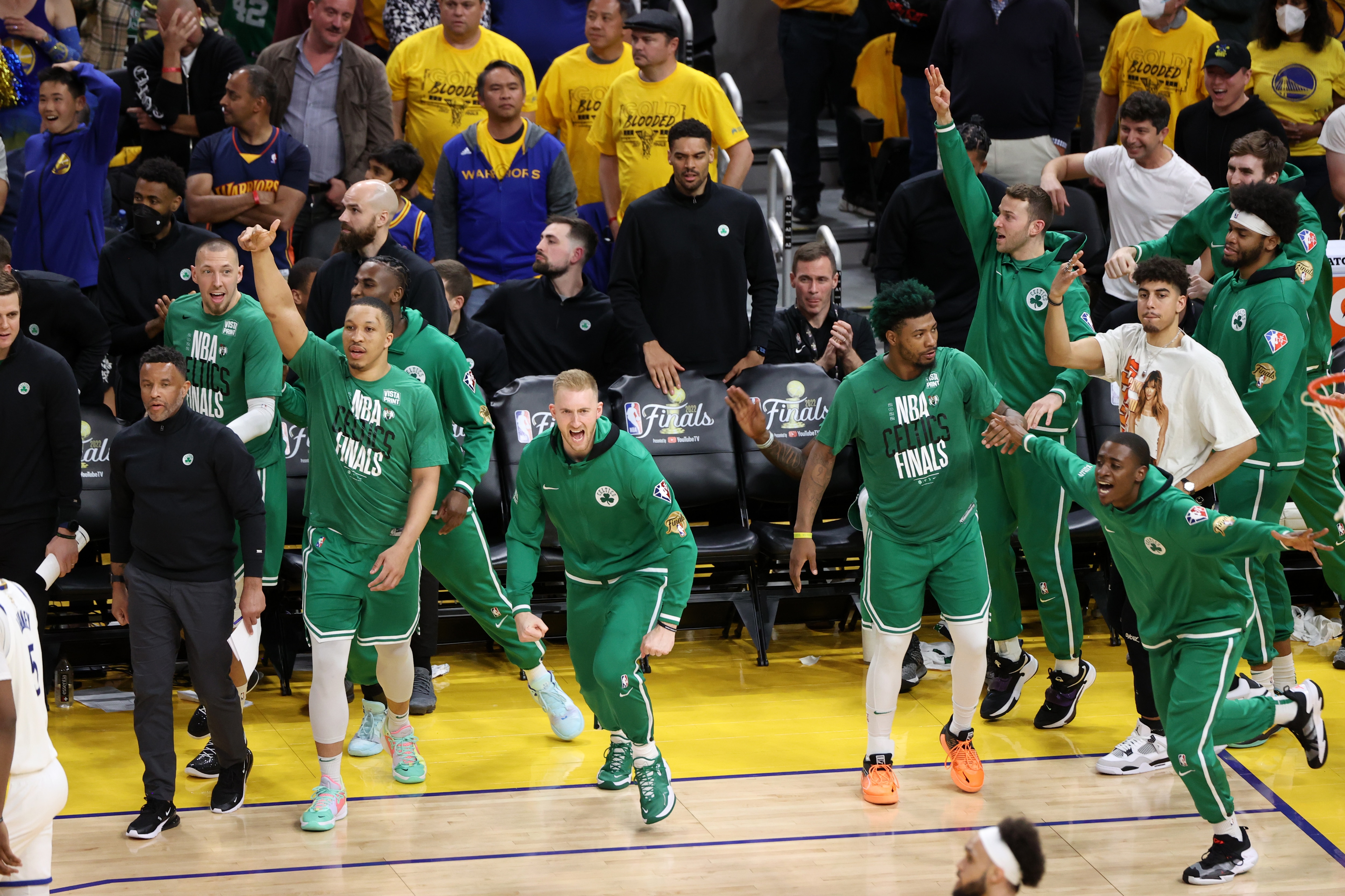 SAN FRANCISCO, CA - JUNE 2: The Boston Celtics react to a play during Game One of the 2022 NBA Finals against the Golden State Warriors on June 2, 2022 at Chase Center in San Francisco, California. NOTE TO USER: User expressly acknowledges and agrees that, by downloading and or using this photograph, user is consenting to the terms and conditions of Getty Images License Agreement. Mandatory Copyright Notice: Copyright 2022 NBAE (Photo by Joe Murphy/NBAE via Getty Images)