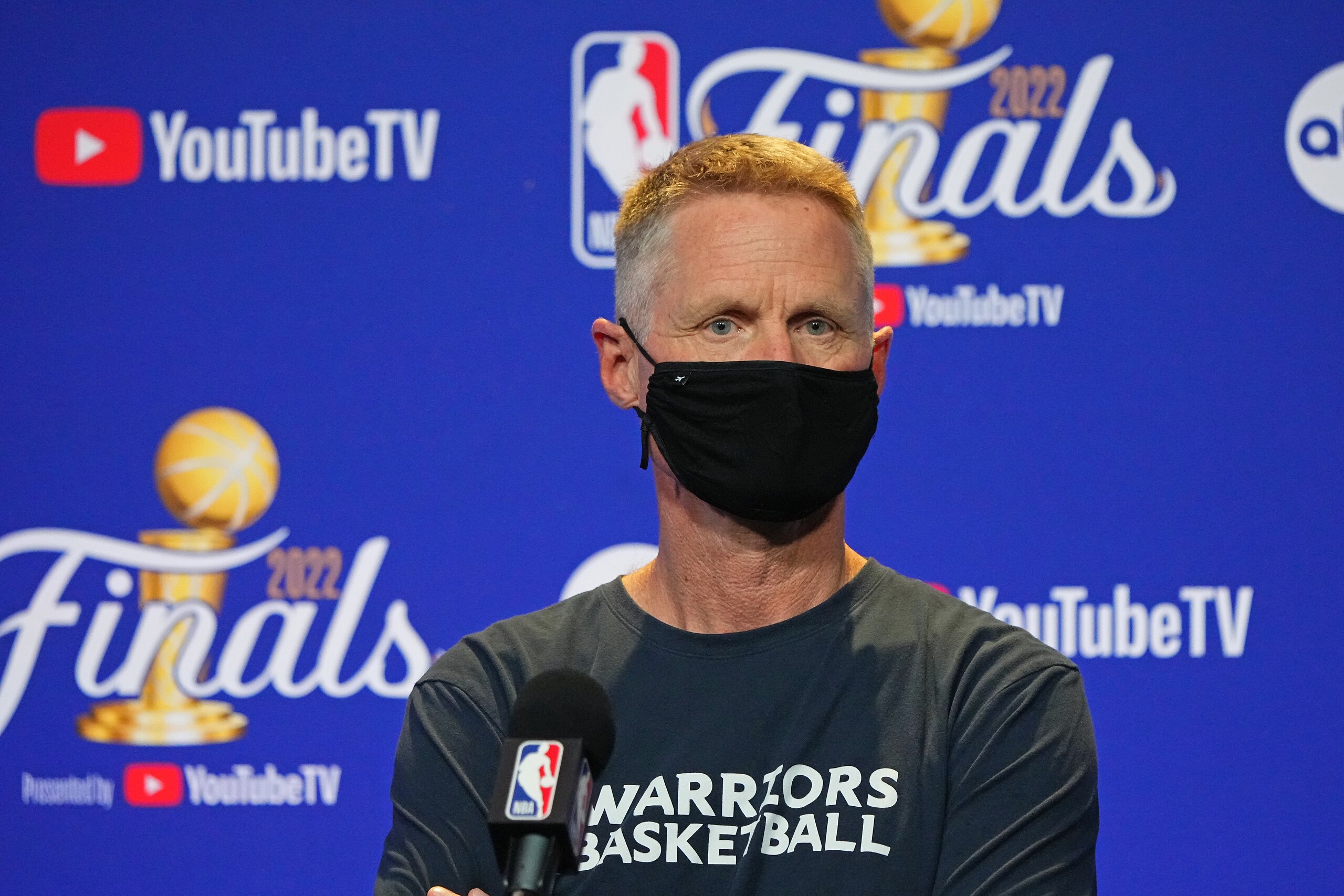 SAN FRANCISCO, CA - JUNE 2: Steve Kerr of the Golden State Warriors talks to the media during a press conference before Game One of the 2022 NBA Finals against the Boston Celtics on June 2, 2022 at Chase Center in San Francisco, California. NOTE TO USER: User expressly acknowledges and agrees that, by downloading and or using this photograph, user is consenting to the terms and conditions of Getty Images License Agreement. Mandatory Copyright Notice: Copyright 2022 NBAE (Photo by Garrett Ellwood/NBAE via Getty Images) SAN FRANCISCO, CA - JUNE 2: Steve Kerr of the Golden State Warriors talks to the media during a press conference before Game One of the 2022 NBA Finals against the Boston Celtics on June 2, 2022 at Chase Center in San Francisco, California. NOTE TO USER: User expressly acknowledges and agrees that, by downloading and or using this photograph, user is consenting to the terms and conditions of Getty Images License Agreement. Mandatory Copyright Notice: Copyright 2022 NBAE (Photo by Garrett Ellwood/NBAE via Getty Images)