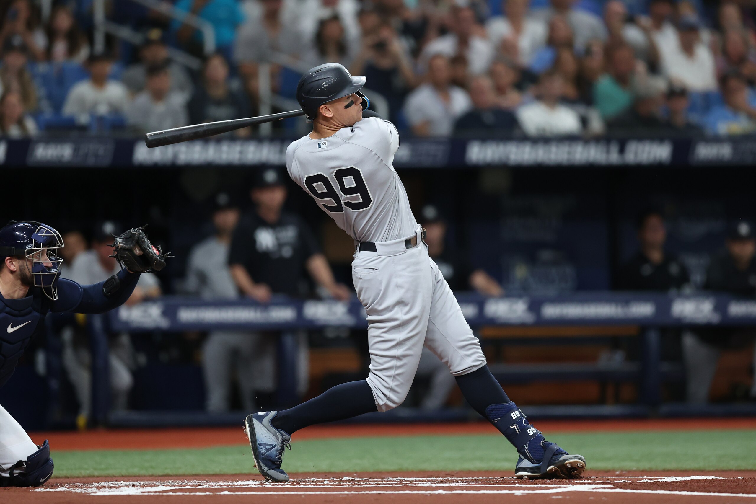 TAMPA, FL - MAY 27: Aaron Judge #99 of the New York Yankees bats during the game between the New York Yankees and the Tampa Bay Rays at Tropicana Field on Friday, May 27, 2022 in Tampa, Florida. (Photo by Mike Carlson/MLB Photos via Getty Images)