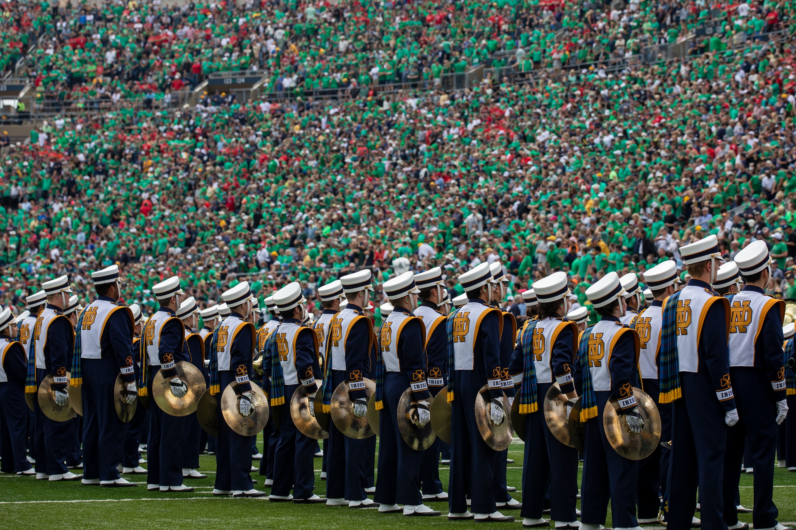 SOUTH BEND, IN - OCTOBER 02: The Notre Dame band performs prior to an NCAA football game between the Cincinnati Bearcats and the Notre Dame Fighting Irish on October 2, 2021 at Notre Dame Stadium in South Bend, IN. (Photo by Brandon Sloter/Icon Sportswire via Getty Images)