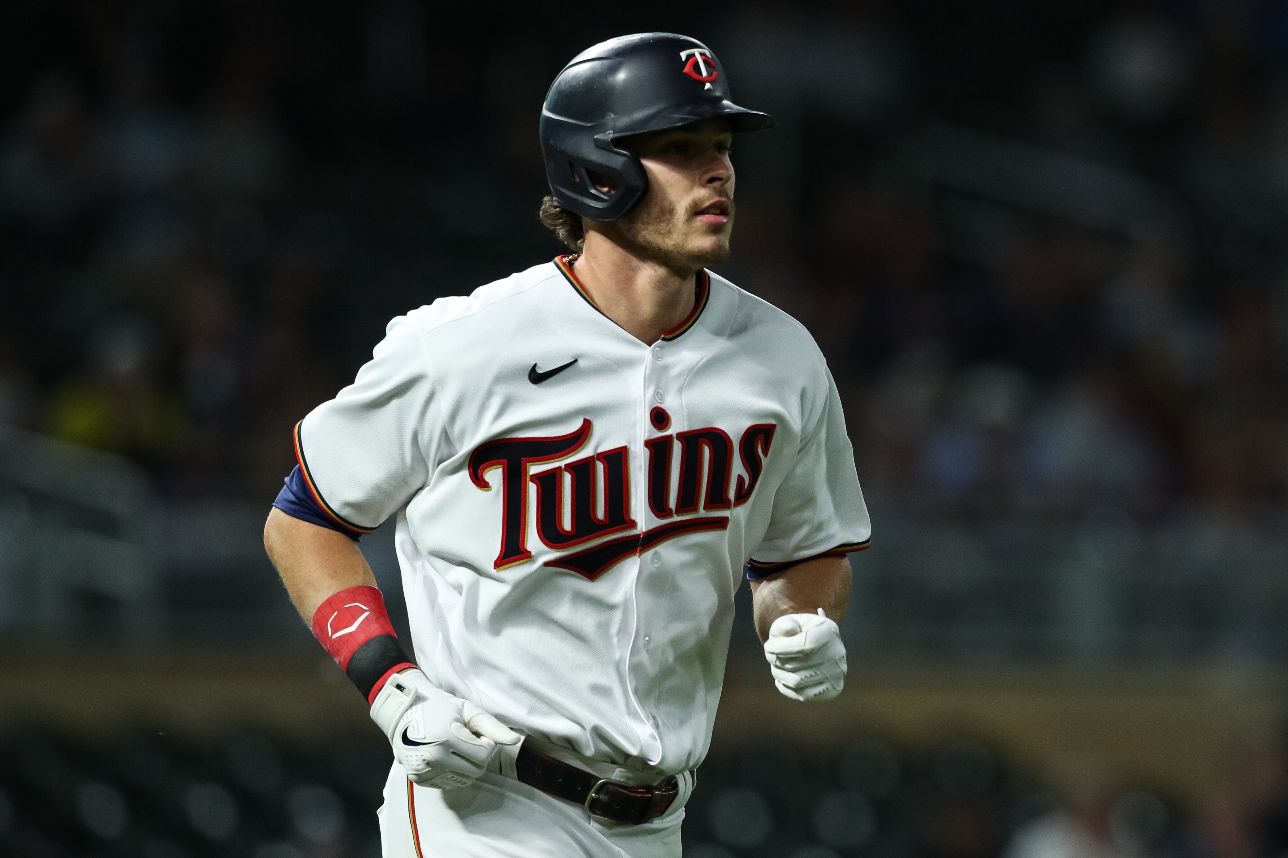 MINNEAPOLIS, MN - MAY 23: Max Kepler #26 of the Minnesota Twins advances to first base on a walk against the Detroit Tigers in the ninth inning at Target Field on May 23, 2022 in Minneapolis, Minnesota. The Twins defeated the Tigers 5-4. (Photo by David Berding/Getty Images)