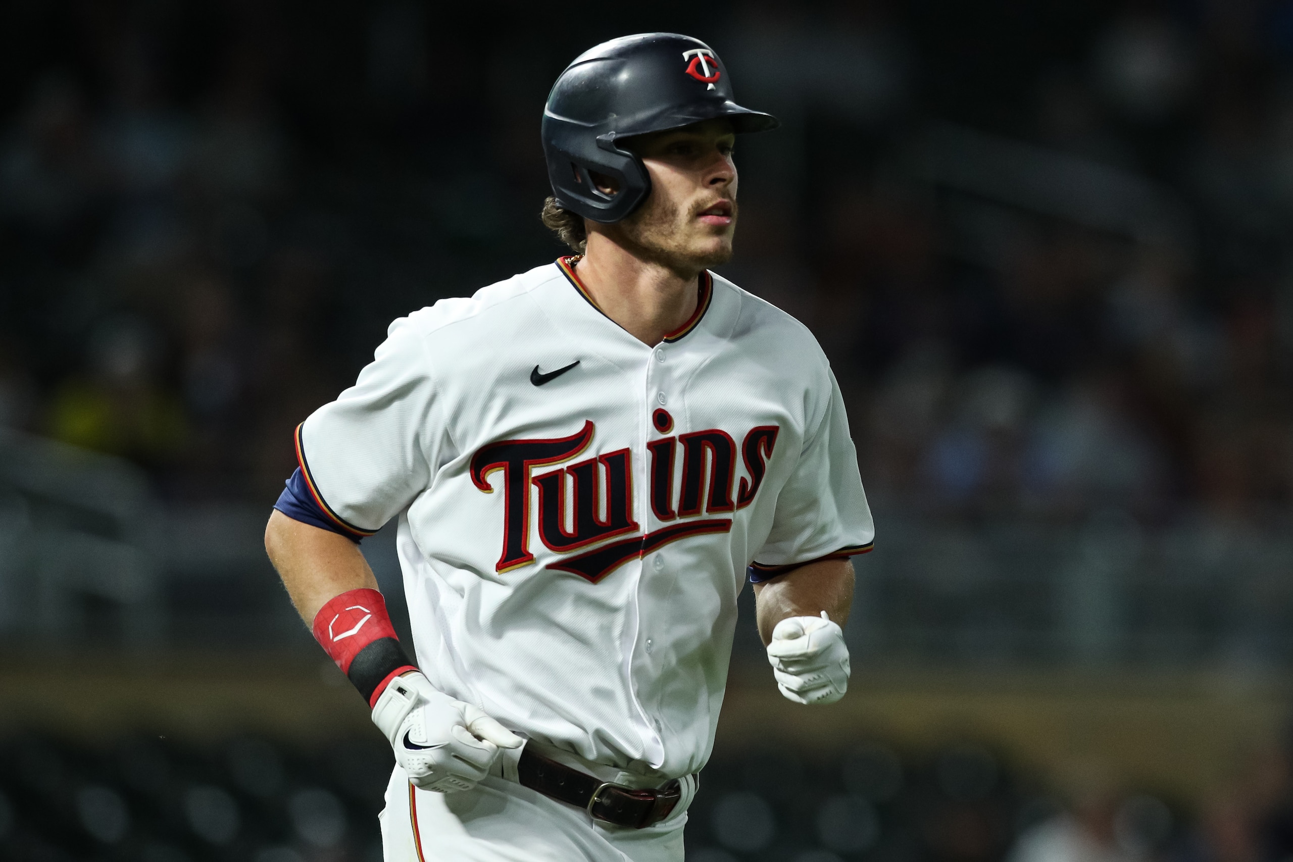 MINNEAPOLIS, MN - MAY 23: Max Kepler #26 of the Minnesota Twins advances to first base on a walk against the Detroit Tigers in the ninth inning at Target Field on May 23, 2022 in Minneapolis, Minnesota. The Twins defeated the Tigers 5-4. (Photo by David Berding/Getty Images)