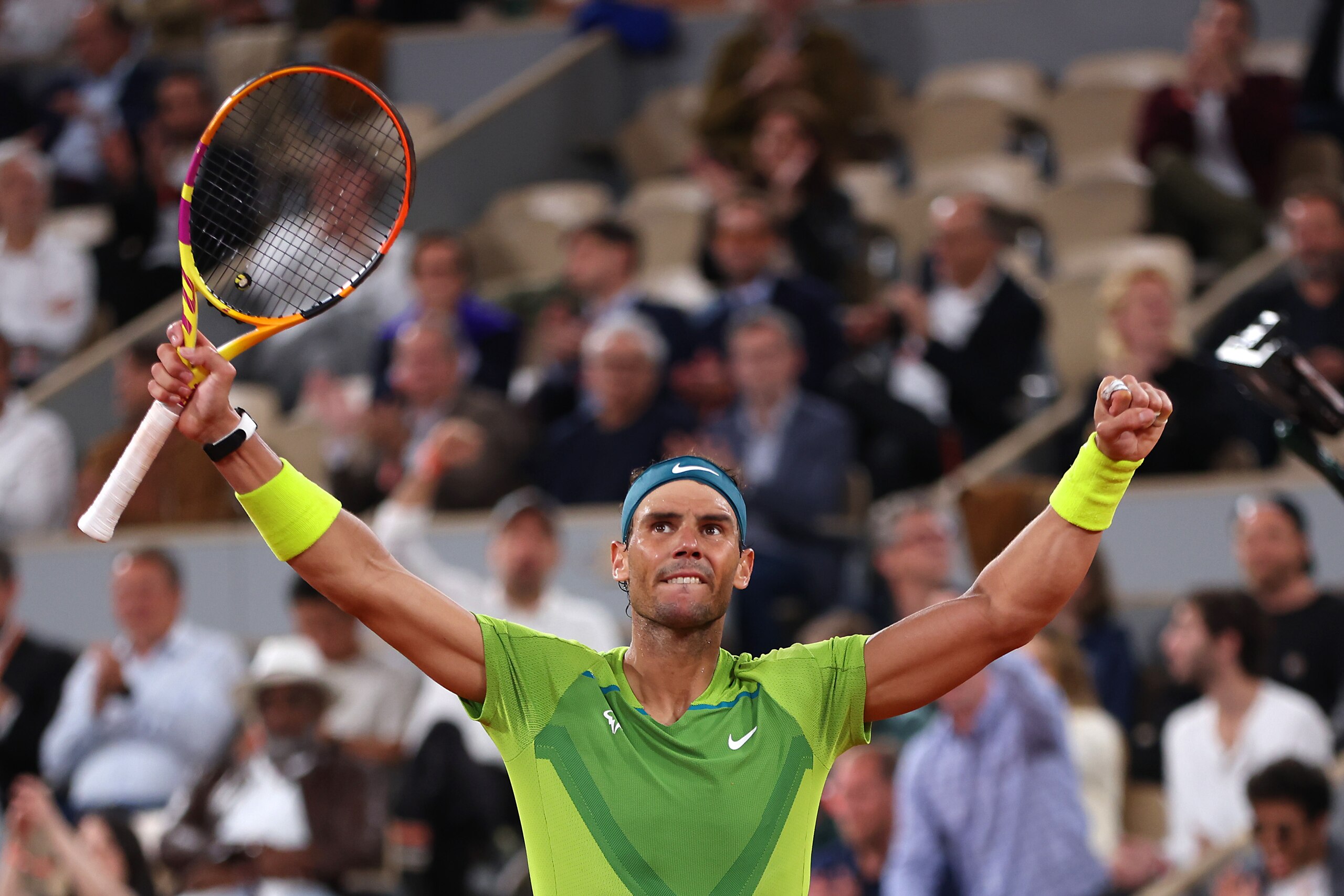 PARIS, FRANCE - JUNE 03: Rafael Nadal of Spain celebrates against Alexander Zverev of Germany during the Men's Singles Semi Final match on Day 13 of The 2022 French Open at Roland Garros on June 03, 2022 in Paris, France. (Photo by Clive Brunskill/Getty Images) PARIS, FRANCE - JUNE 03: Rafael Nadal of Spain celebrates against Alexander Zverev of Germany during the Men's Singles Semi Final match on Day 13 of The 2022 French Open at Roland Garros on June 03, 2022 in Paris, France. (Photo by Clive Brunskill/Getty Images)