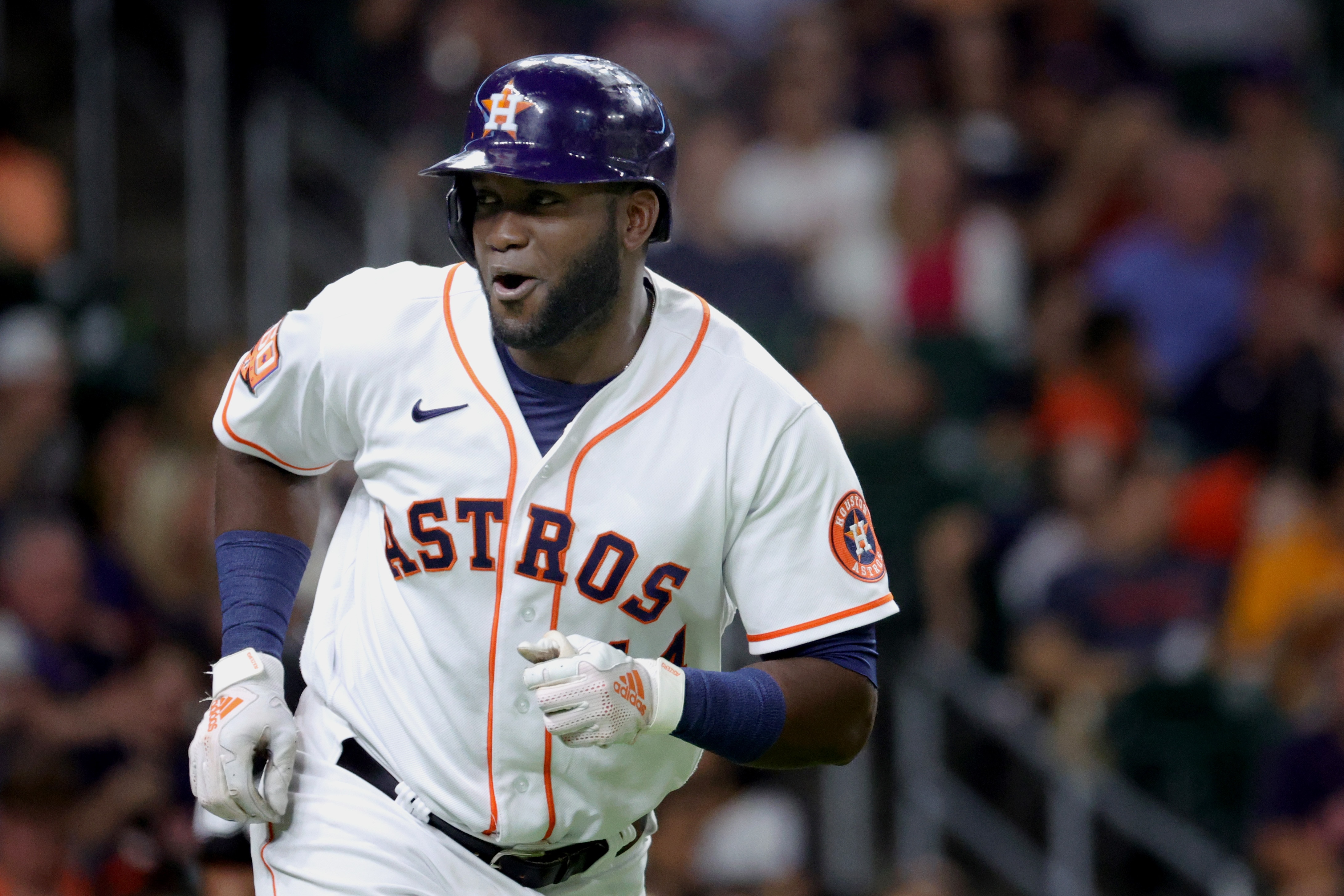HOUSTON, TEXAS - MAY 19: Yordan Alvarez #44 of the Houston Astros walks during the fifth inning against the Texas Rangers at Minute Maid Park on May 19, 2022 in Houston, Texas. (Photo by Carmen Mandato/Getty Images)