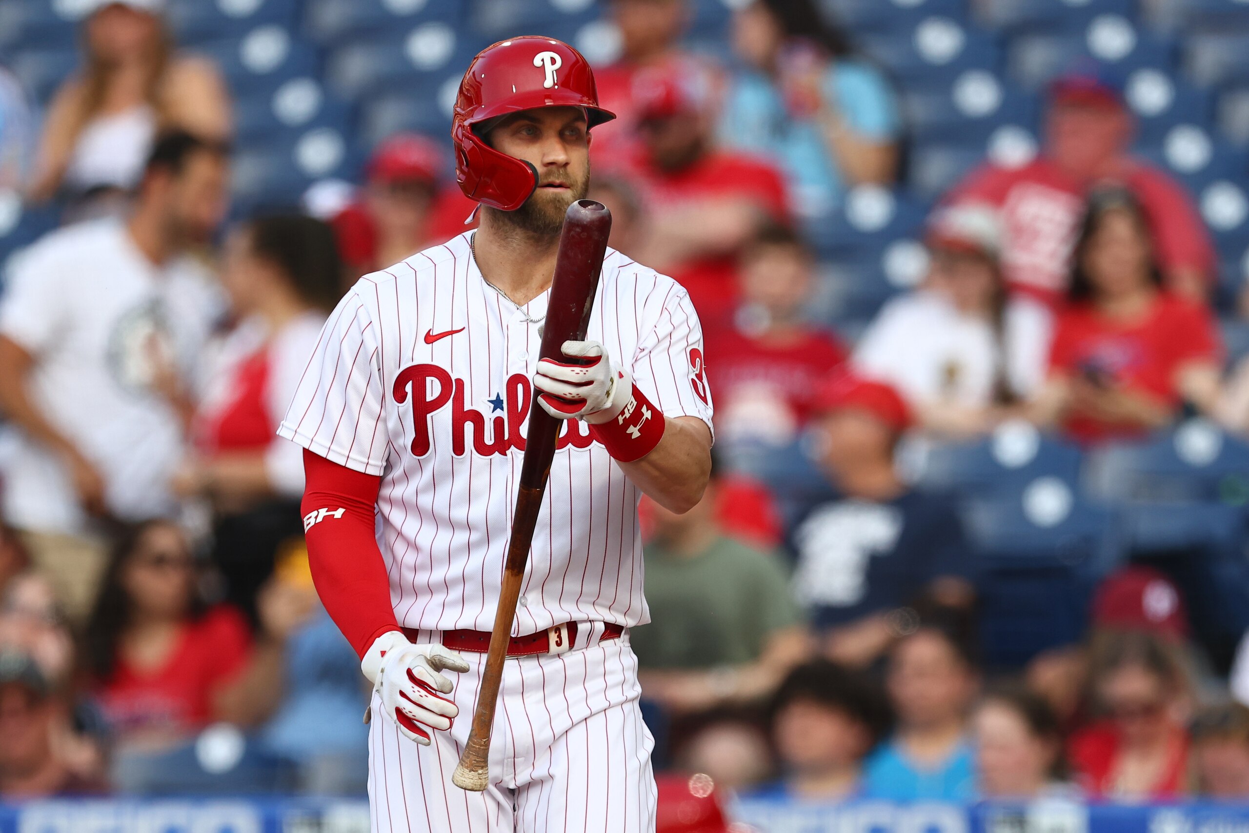 PHILADELPHIA, PA - MAY 31: Bryce Harper #3 of the Philadelphia Phillies in action during a game against the San Francisco Giants at Citizens Bank Park on May 31, 2022 in Philadelphia, Pennsylvania. (Photo by Rich Schultz/Getty Images)