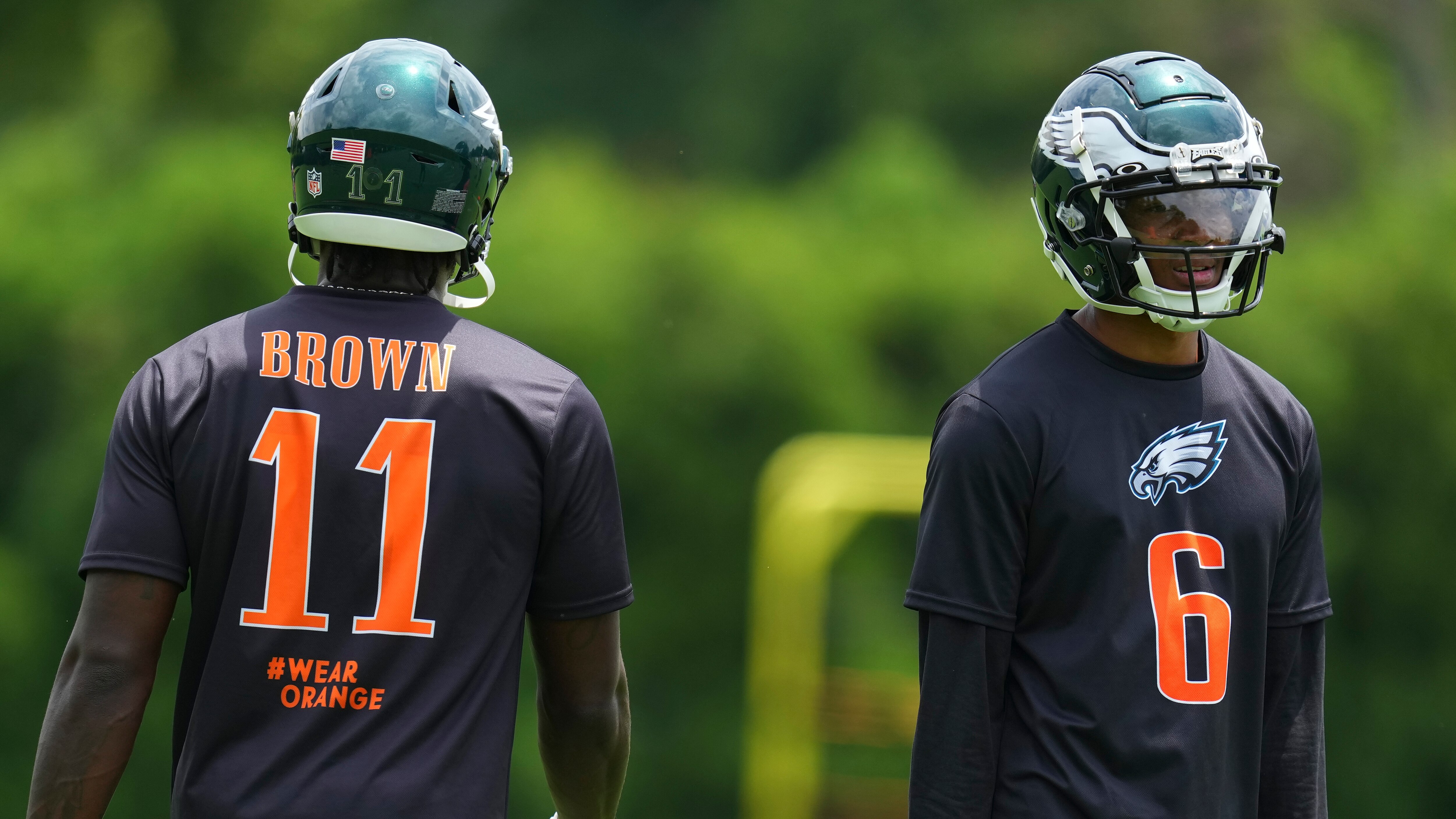 PHILADELPHIA, PA - JUNE 03: A.J. Brown #11 and DeVonta Smith #6 of the Philadelphia Eagles look on during OTAs at the NovaCare Complex on June 3, 2022 in Philadelphia, Pennsylvania. (Photo by Mitchell Leff/Getty Images)