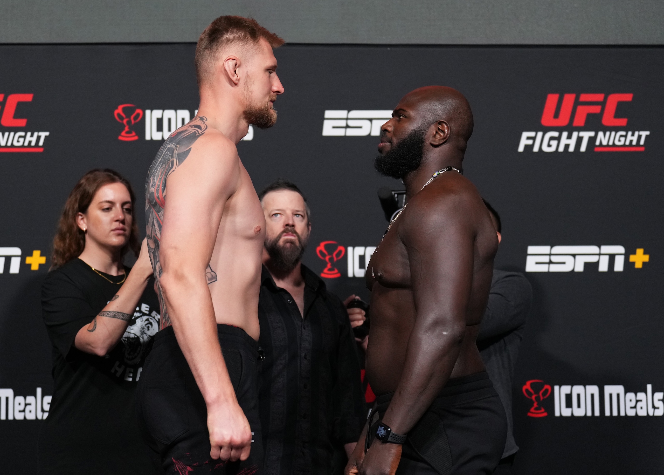 LAS VEGAS, NEVADA - JUNE 03: (L-R) Opponents Alexander Volkov of Russia and Jairzinho Rozenstruik of Suriname face off during the UFC Fight Night weigh-in at UFC APEX on June 03, 2022 in Las Vegas, Nevada. (Photo by Chris Unger/Zuffa LLC)