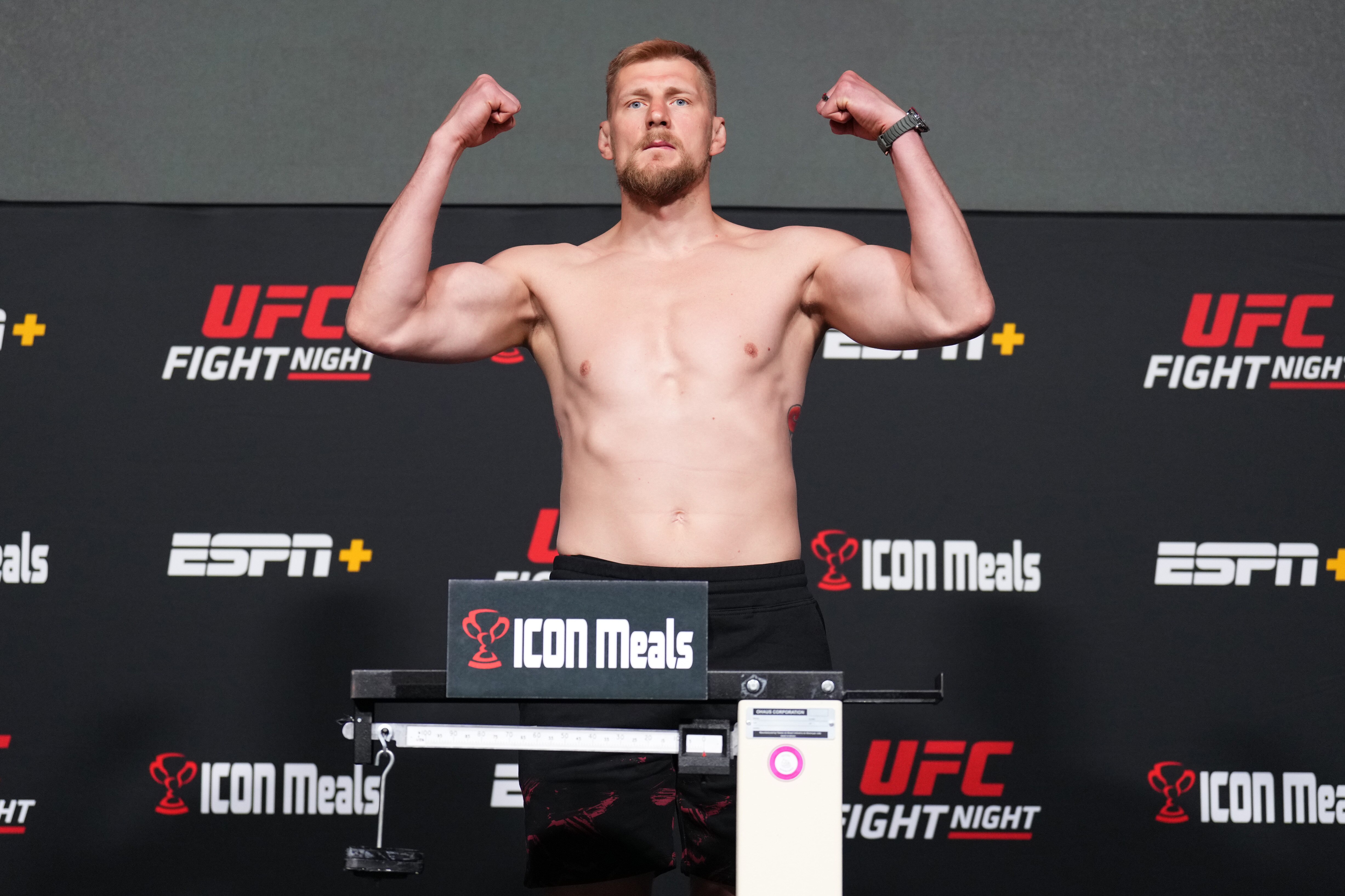LAS VEGAS, NEVADA - JUNE 03: Alexander Volkov of Russia poses on the scale during the UFC Fight Night weigh-in at UFC APEX on June 03, 2022 in Las Vegas, Nevada. (Photo by Chris Unger/Zuffa LLC)