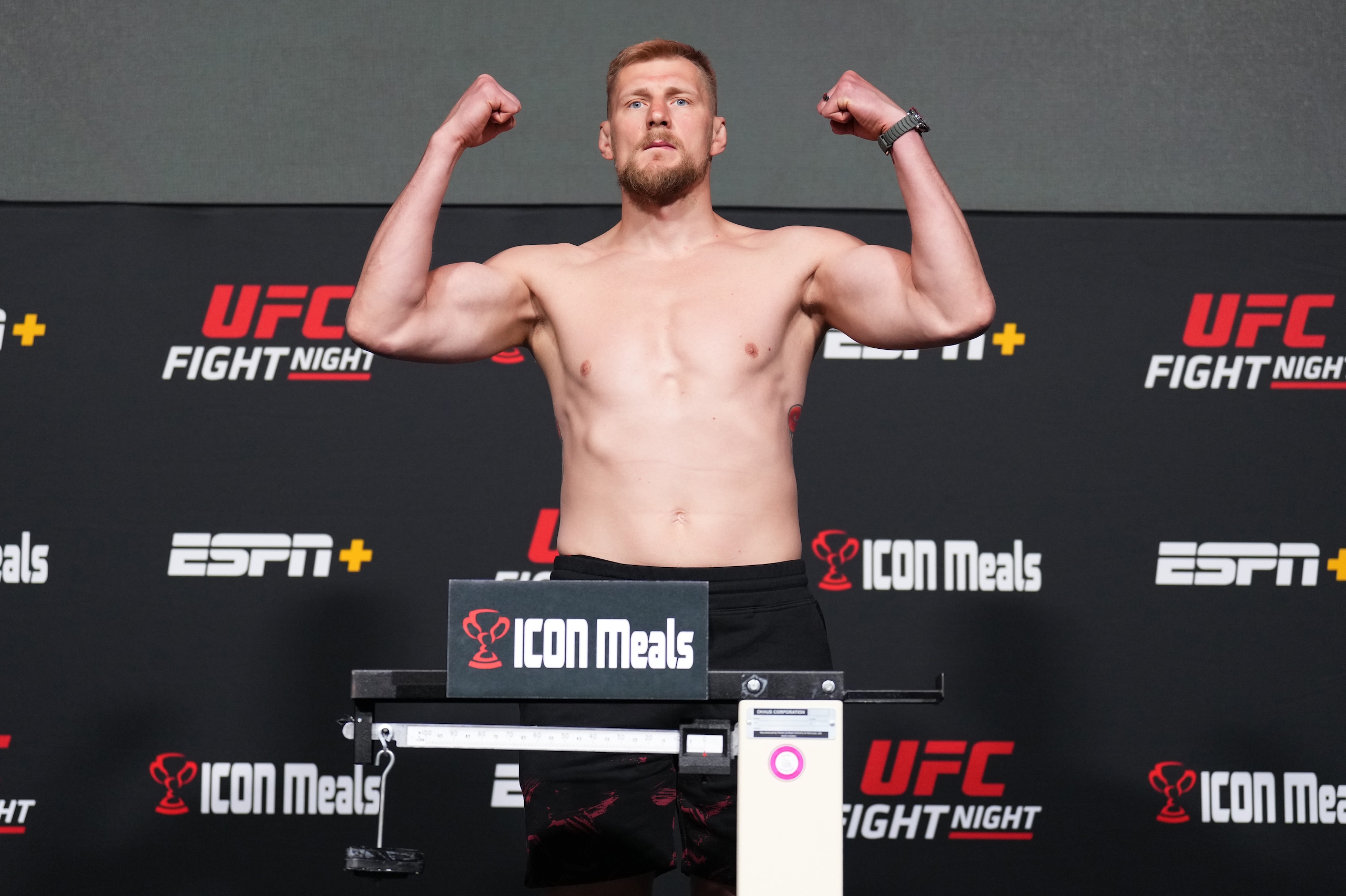 LAS VEGAS, NEVADA - JUNE 03: Alexander Volkov of Russia poses on the scale during the UFC Fight Night weigh-in at UFC APEX on June 03, 2022 in Las Vegas, Nevada. (Photo by Chris Unger/Zuffa LLC)