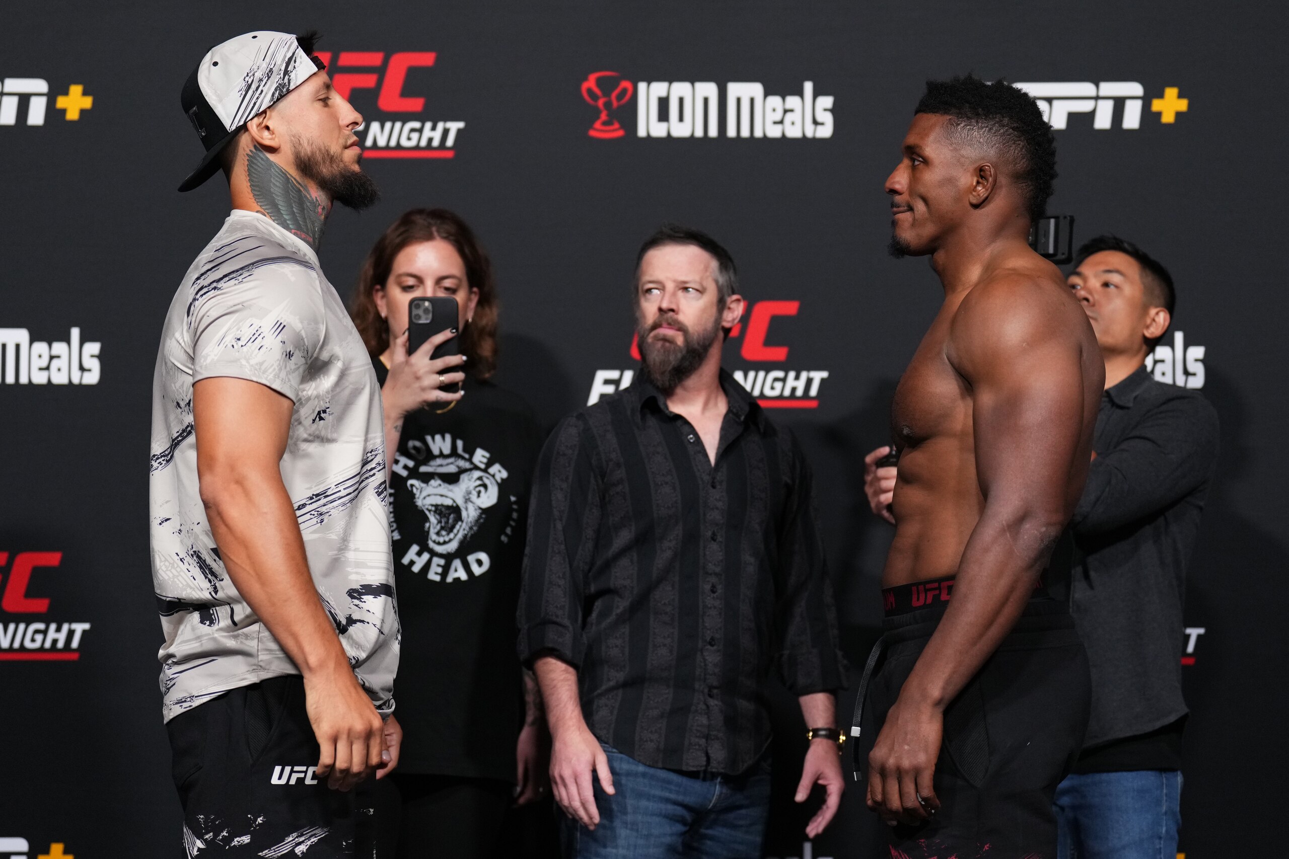 LAS VEGAS, NEVADA - JUNE 03: (L-R) Opponents Askar Mozharov of Ukraine and Alonzo Menifield face off during the UFC Fight Night weigh-in at UFC APEX on June 03, 2022 in Las Vegas, Nevada. (Photo by Chris Unger/Zuffa LLC)