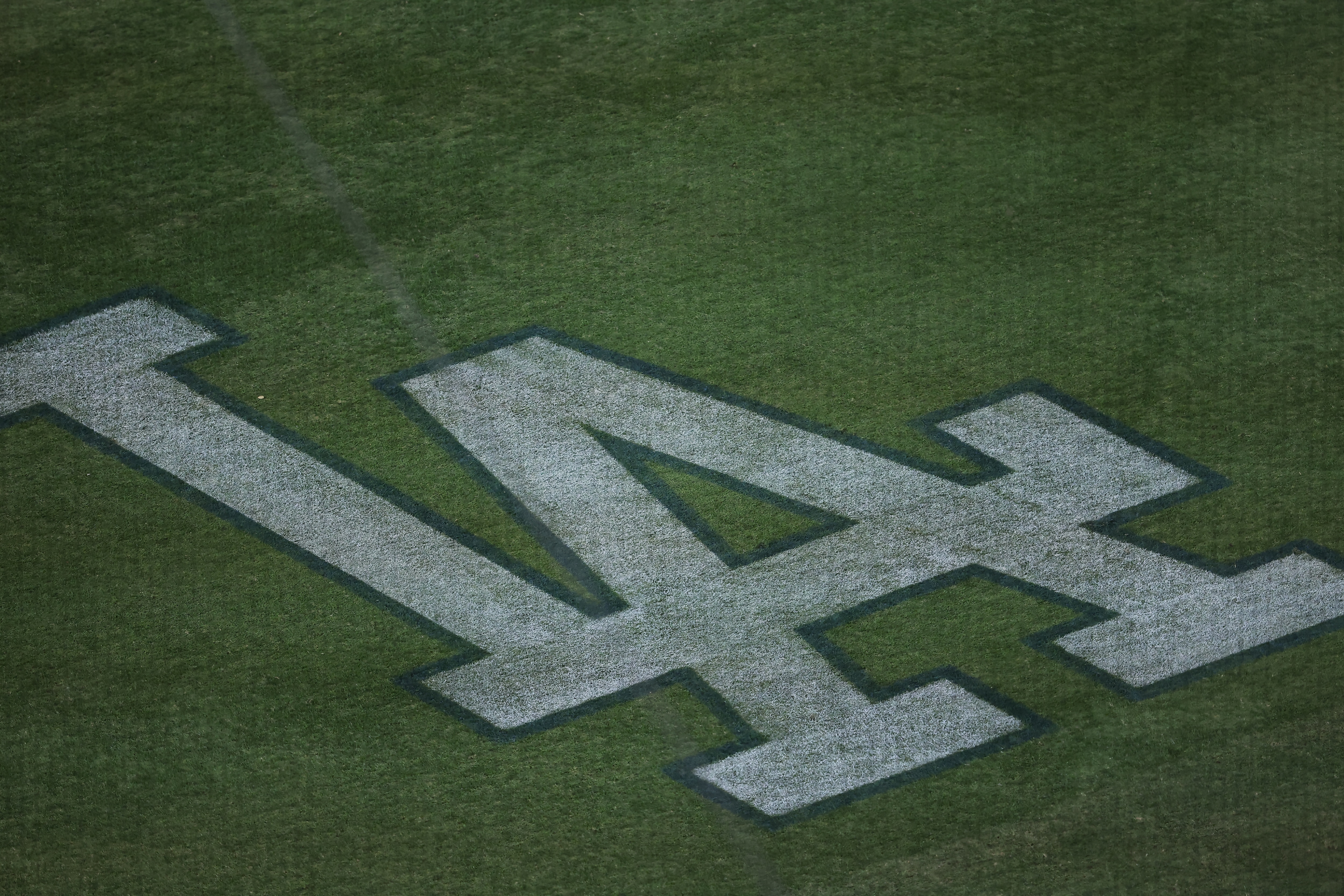 LOS ANGELES, CA - JUNE 25: The Dodgers field logo during the game between the Chicago Cubs and the Los Angeles Dodgers on June 25, 2021 at Dodger Stadium, Los Angeles, CA. (Photo by Peter Joneleit/Icon Sportswire via Getty Images)