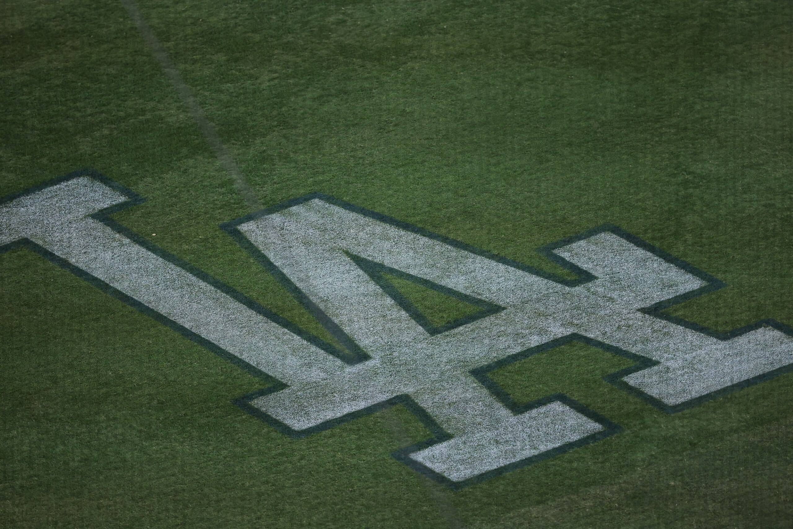 LOS ANGELES, CA - JUNE 25: The Dodgers field logo during the game between the Chicago Cubs and the Los Angeles Dodgers on June 25, 2021 at Dodger Stadium, Los Angeles, CA. (Photo by Peter Joneleit/Icon Sportswire via Getty Images)