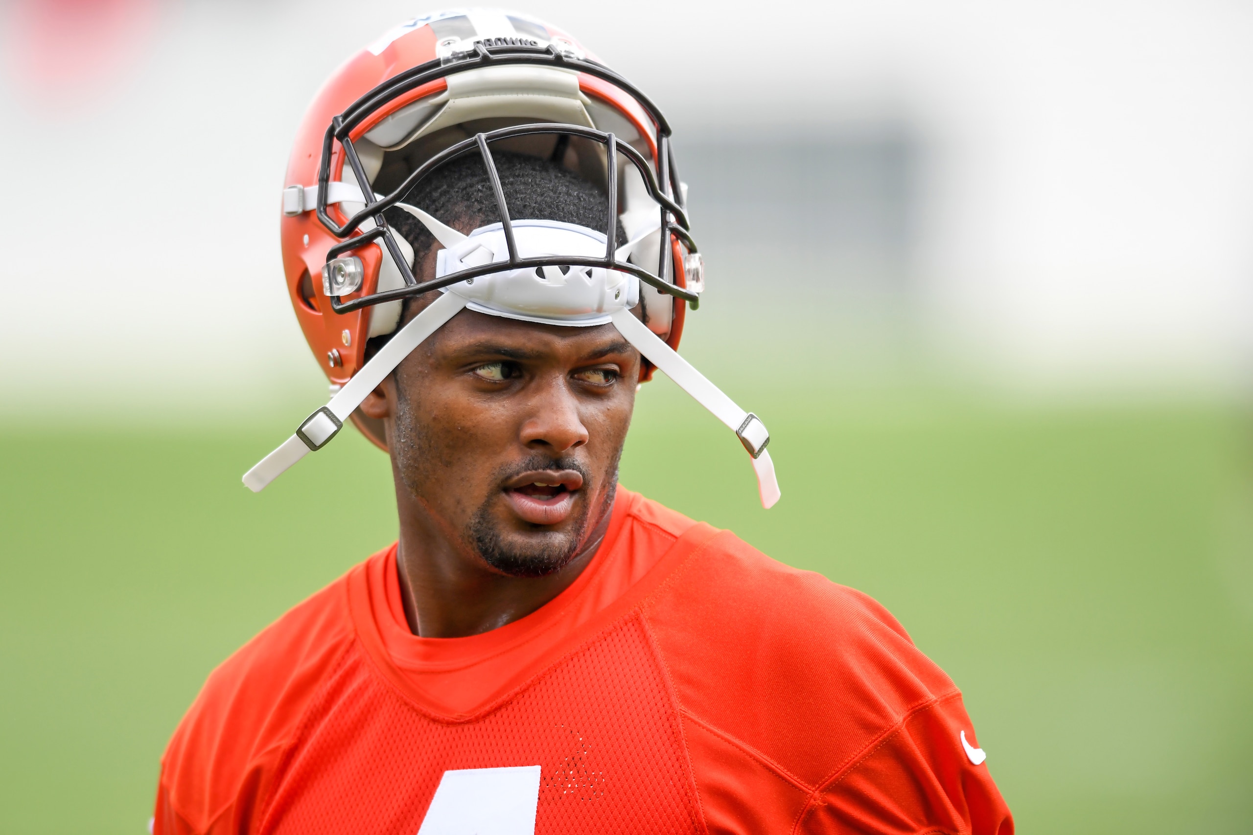 BEREA, OH - JUNE 01: Deshaun Watson #4 of the Cleveland Browns looks on during the Cleveland Browns offseason workout at CrossCountry Mortgage Campus on June 1, 2022 in Berea, Ohio. (Photo by Nick Cammett/Diamond Images via Getty Images)