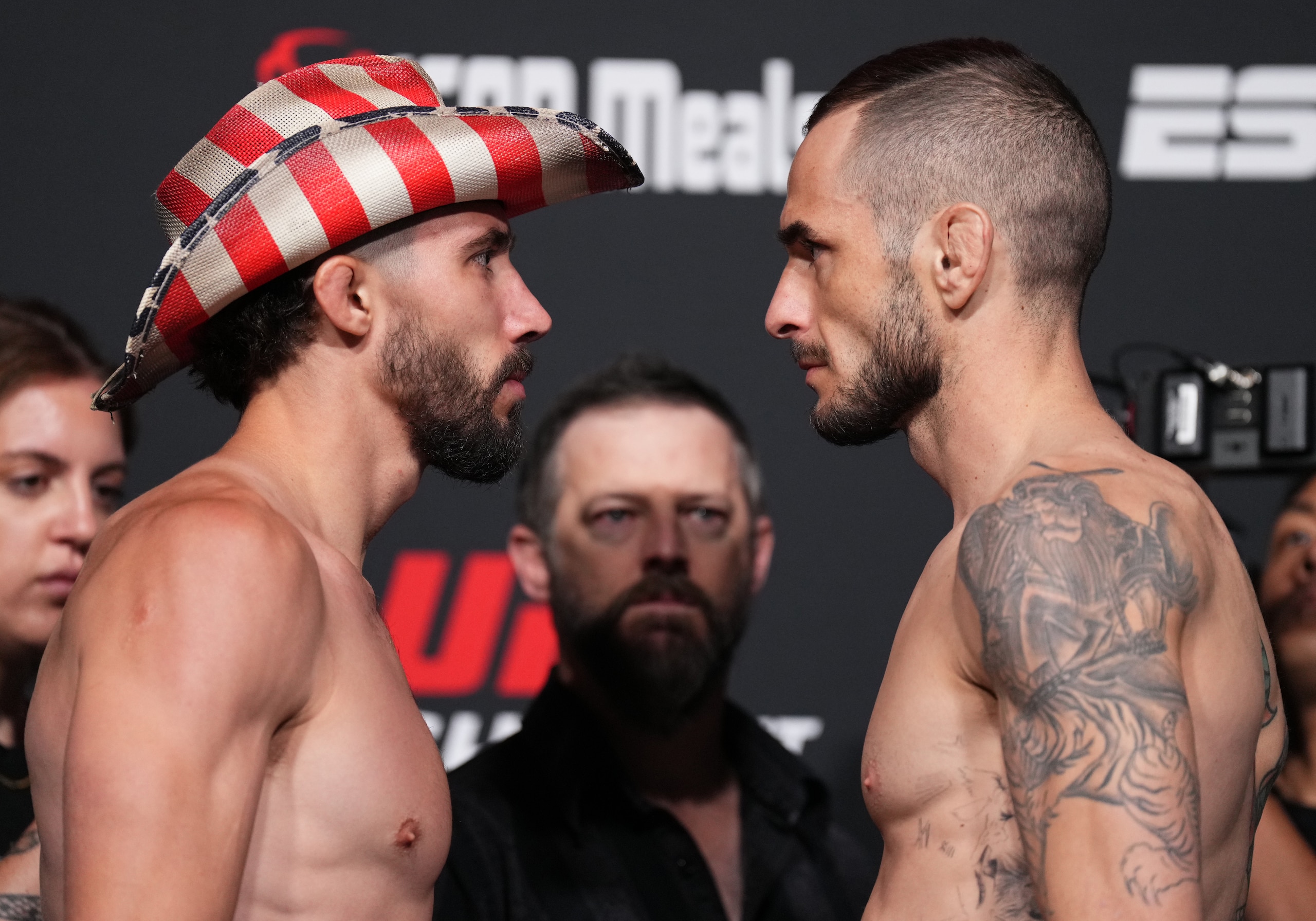 LAS VEGAS, NEVADA - JUNE 03: (L-R) Opponents Michael Trizano and Lucas Almeida of Brazil face off during the UFC Fight Night weigh-in at UFC APEX on June 03, 2022 in Las Vegas, Nevada. (Photo by Chris Unger/Zuffa LLC)