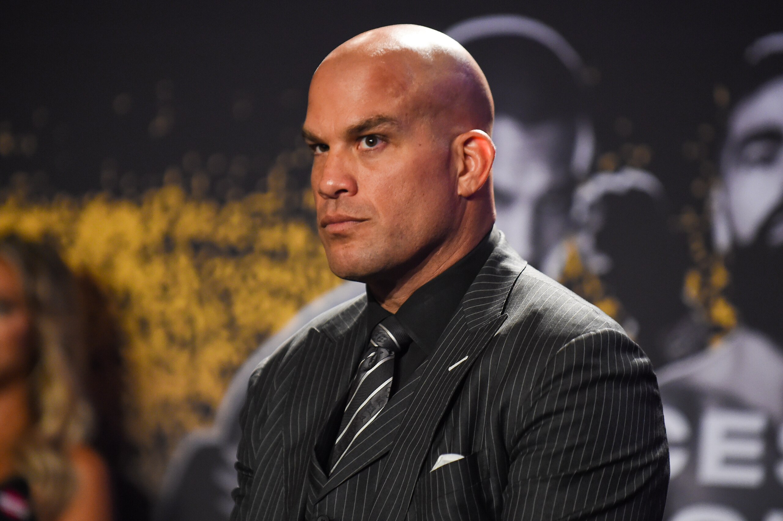 FORT LAUDERDALE, FL - SEPTEMBER 09: Tito Ortiz looks on during a press conference ahead of his cruiserweight fight against Anderson Silva on September 11 at The Harbor Beach Marriott on September 9, 2021 in Fort Lauderdale, Florida. (Photo by Eric Espada/Getty Images)