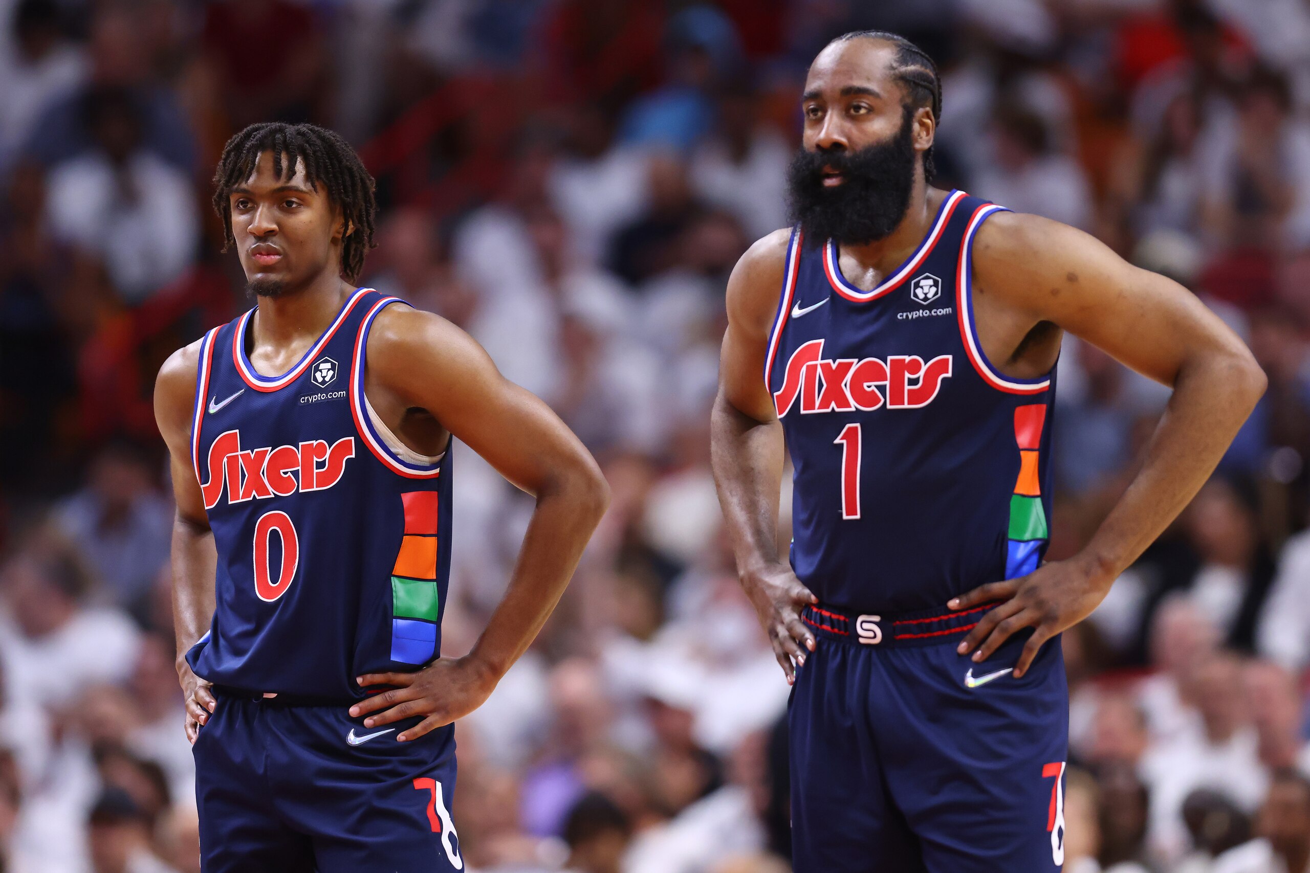 MIAMI, FLORIDA - MAY 02: Tyrese Maxey #0 of the Philadelphia 76ers talks with James Harden #1 against the Miami Heat during the first half in Game One of the Eastern Conference Semifinals at FTX Arena on May 02, 2022 in Miami, Florida. NOTE TO USER: User expressly acknowledges and agrees that, by downloading and or using this photograph, User is consenting to the terms and conditions of the Getty Images License Agreement. (Photo by Michael Reaves/Getty Images)