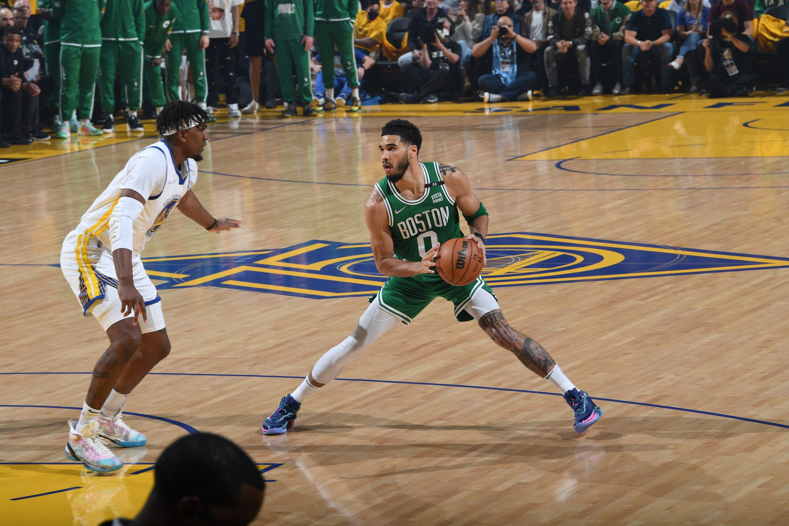 SAN FRANCISCO, CA - JUNE 2: Jayson Tatum #0 of the Boston Celtics dribbles the ball during Game One of the 2022 NBA Finals on June 2, 2022 at Chase Center in San Francisco, California. NOTE TO USER: User expressly acknowledges and agrees that, by downloading and or using this photograph, user is consenting to the terms and conditions of Getty Images License Agreement. Mandatory Copyright Notice: Copyright 2022 NBAE (Photo by Noah Graham/NBAE via Getty Images)