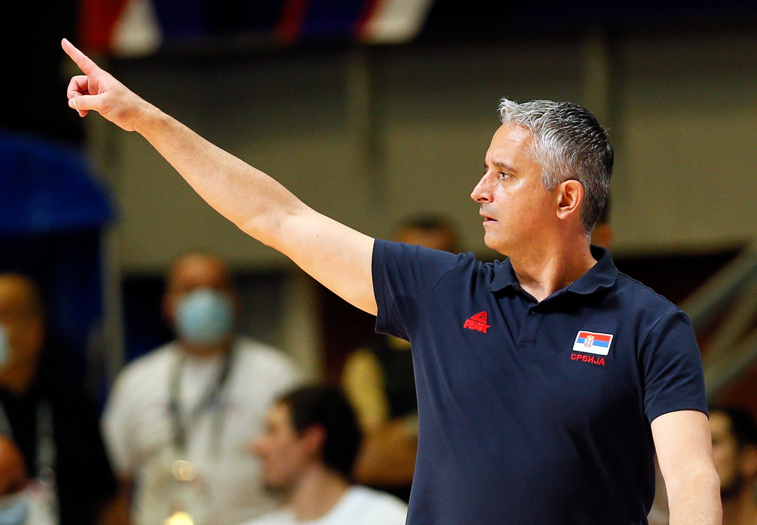 Serbia's head coach Igor Kokoskov gestures during the FIBA Mens Olympic Qualifying Tournament semi-final basket-ball match between Serbia and Puerto Rico, on July 3, 2021, in Belgrade. (Photo by PEDJA MILOSAVLJEVIC / AFP) (Photo by PEDJA MILOSAVLJEVIC/AFP via Getty Images)