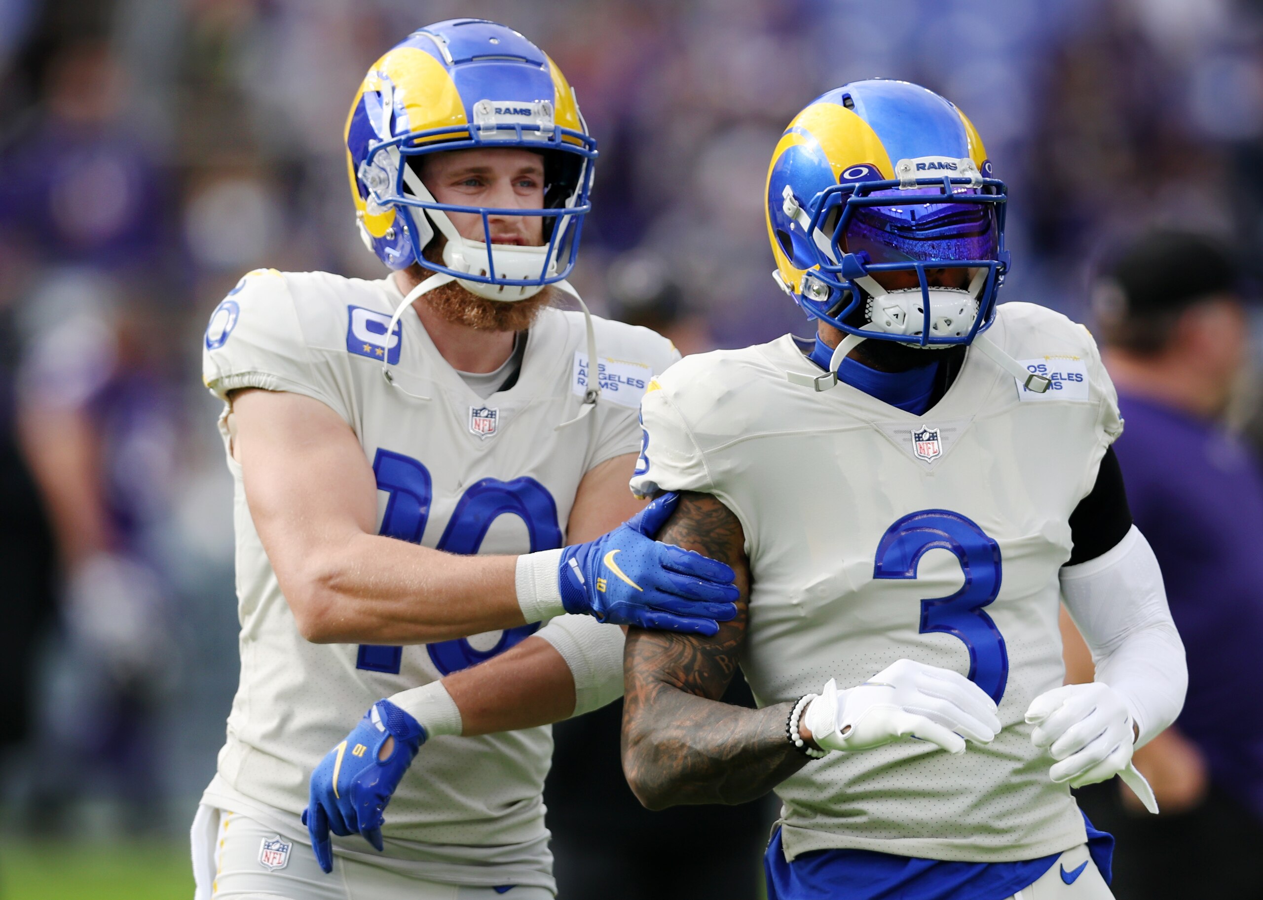 BALTIMORE, MARYLAND - JANUARY 02: Cooper Kupp #10 and Odell Beckham Jr. #3 of the Los Angeles Rams warm up before the game against the Baltimore Ravens at M&T Bank Stadium on January 02, 2022 in Baltimore, Maryland. (Photo by Rob Carr/Getty Images)