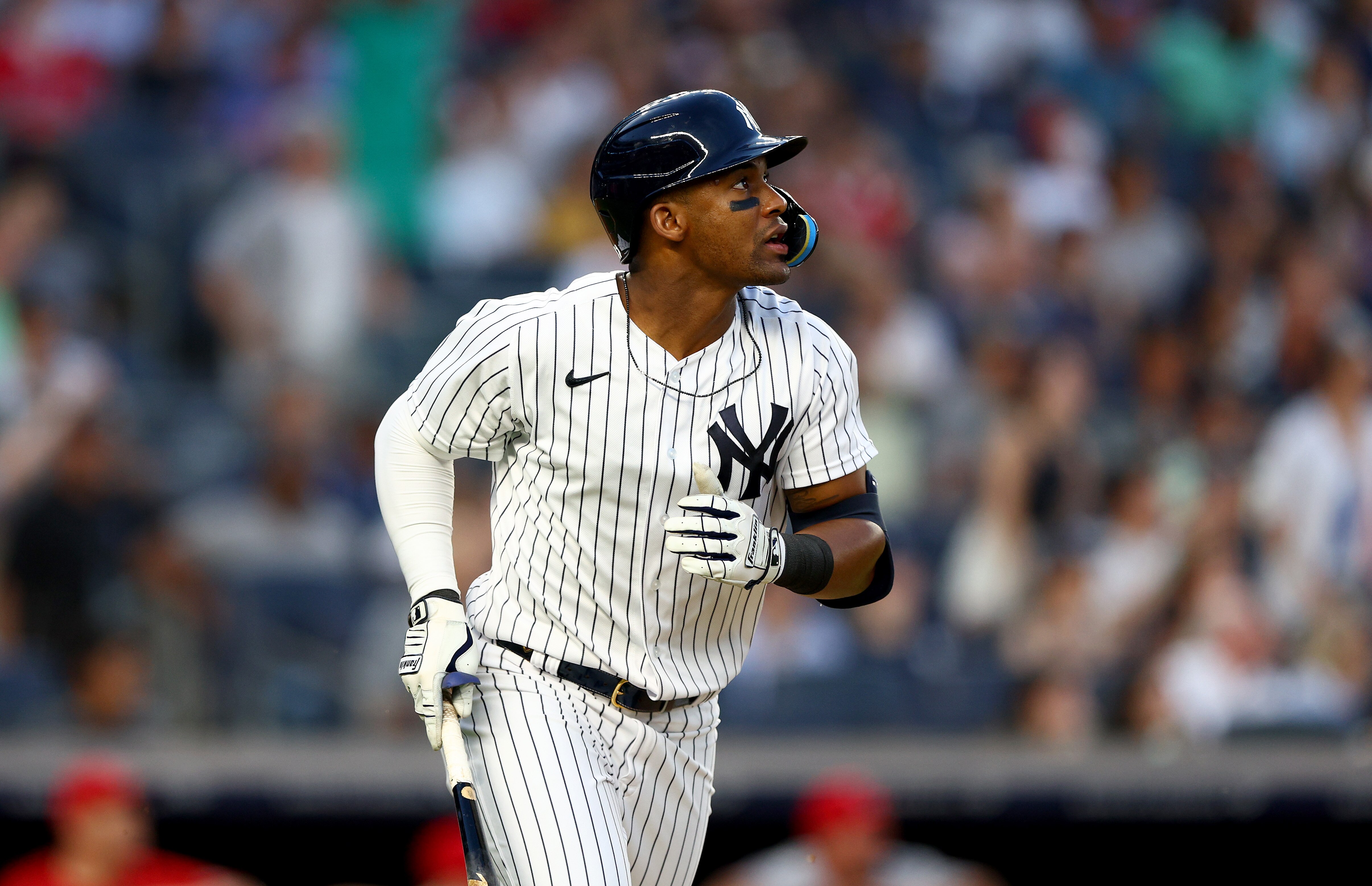 NEW YORK, NEW YORK - MAY 31:  Miguel Andujar #41 of the New York Yankees watches his hit against the Los Angeles Angels at Yankee Stadium on May 31, 2022 in the Bronx borough of New York City. (Photo by Elsa/Getty Images)