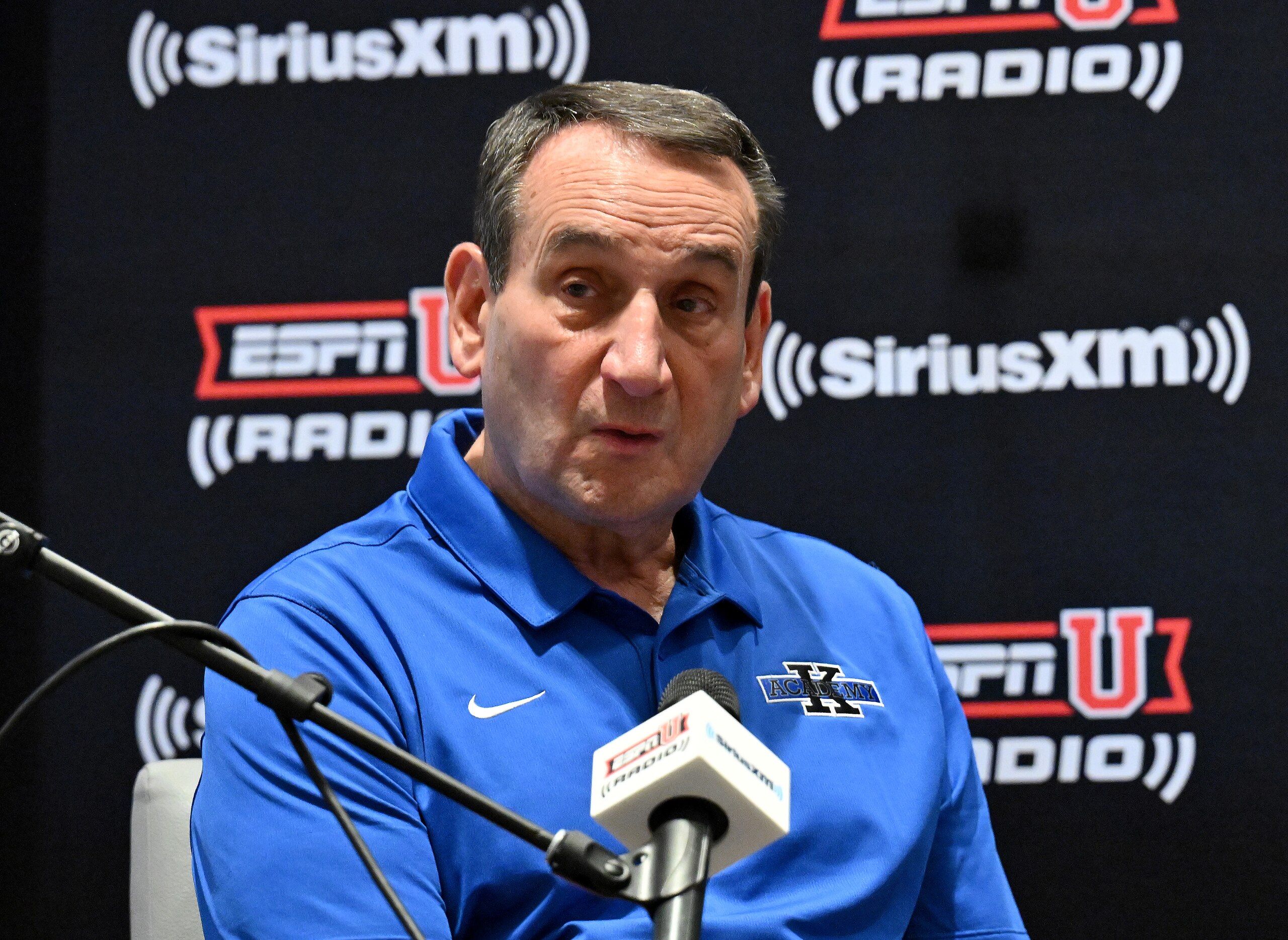 DURHAM, NORTH CAROLINA - JUNE 02: Mike Krzyzewski, retired head coach of the Duke Blue Devils men's basketball team, tapes an episode of his SiriusXM show during a SiriusXM Town Hall With Coach K event at Cameron Indoor Stadium on June 02, 2022 in Durham, North Carolina. (Photo by Grant Halverson/Getty Images for SiriusXM)