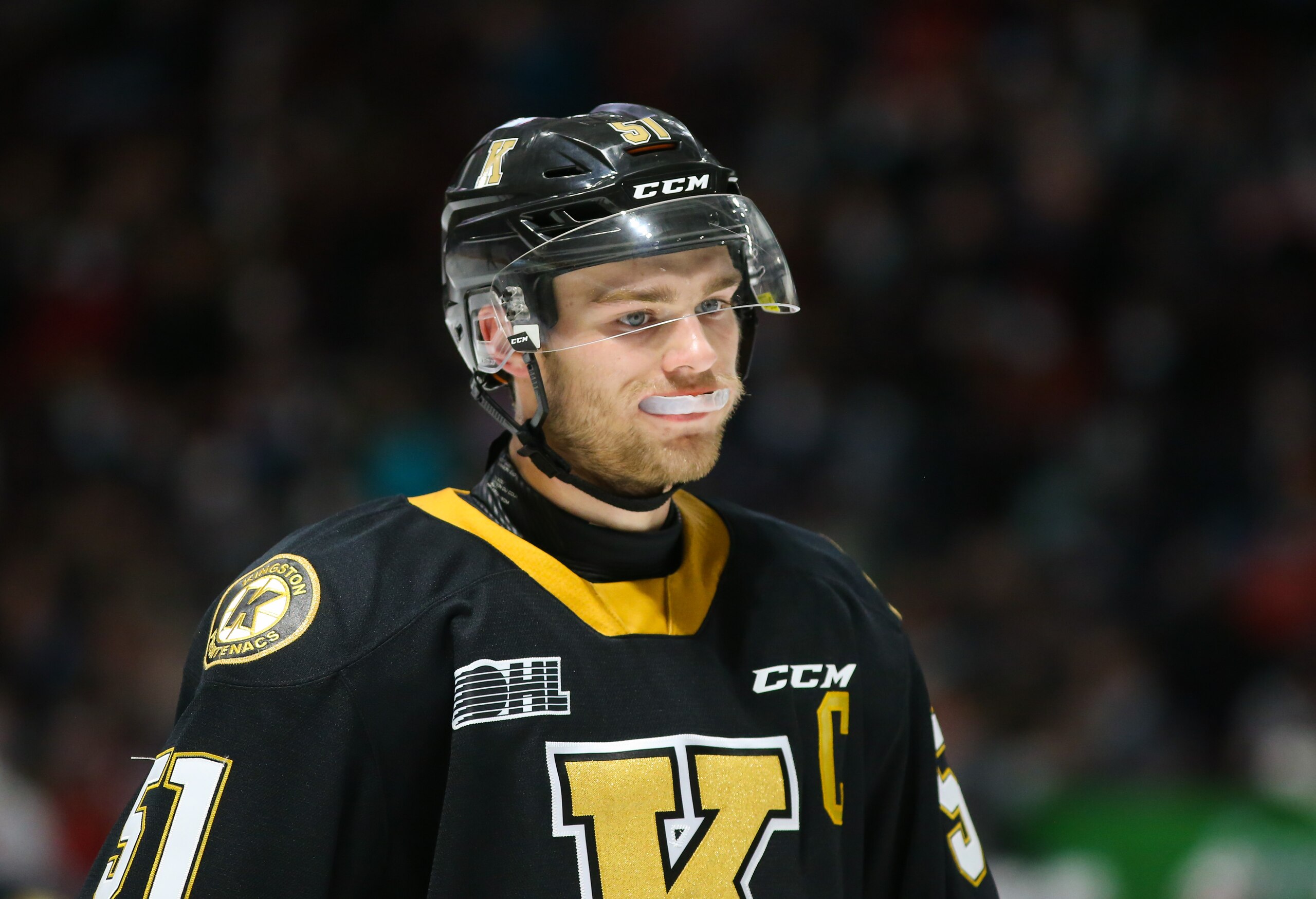 OSHAWA, ONTARIO - NOVEMBER 21: Shane Wright #51 of the Kingston Frontenacs skates against the Oshawa Generals at Tribute Communities Centre on November 21, 2021 in Oshawa, Ontario. (Photo by Chris Tanouye/Getty Images)