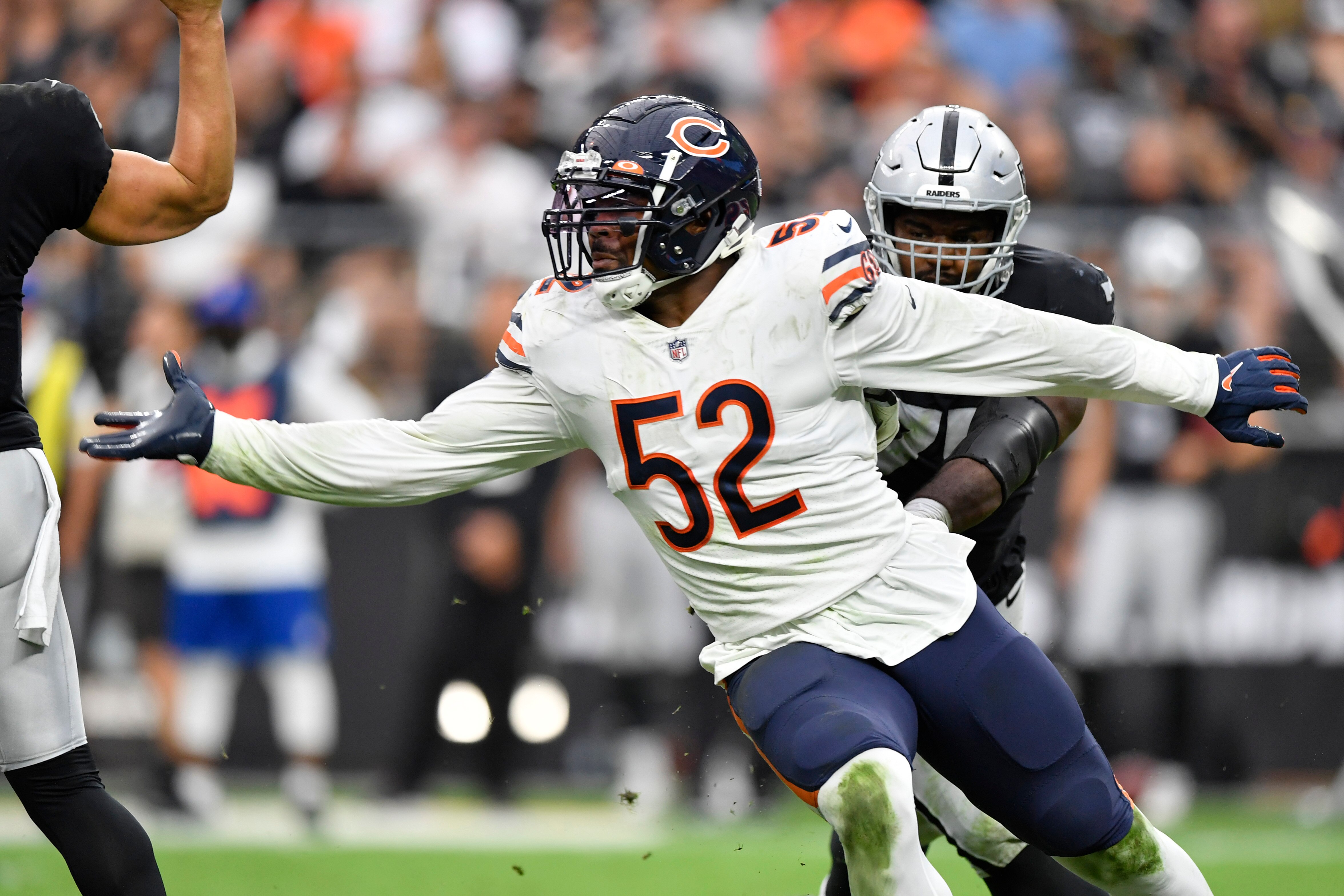 LAS VEGAS, NEVADA - OCTOBER 10: Khalil Mack #52 of the Chicago Bears rushes during the second half against the Chicago Bears at Allegiant Stadium on October 10, 2021 in Las Vegas, Nevada. (Photo by Chris Unger/Getty Images)