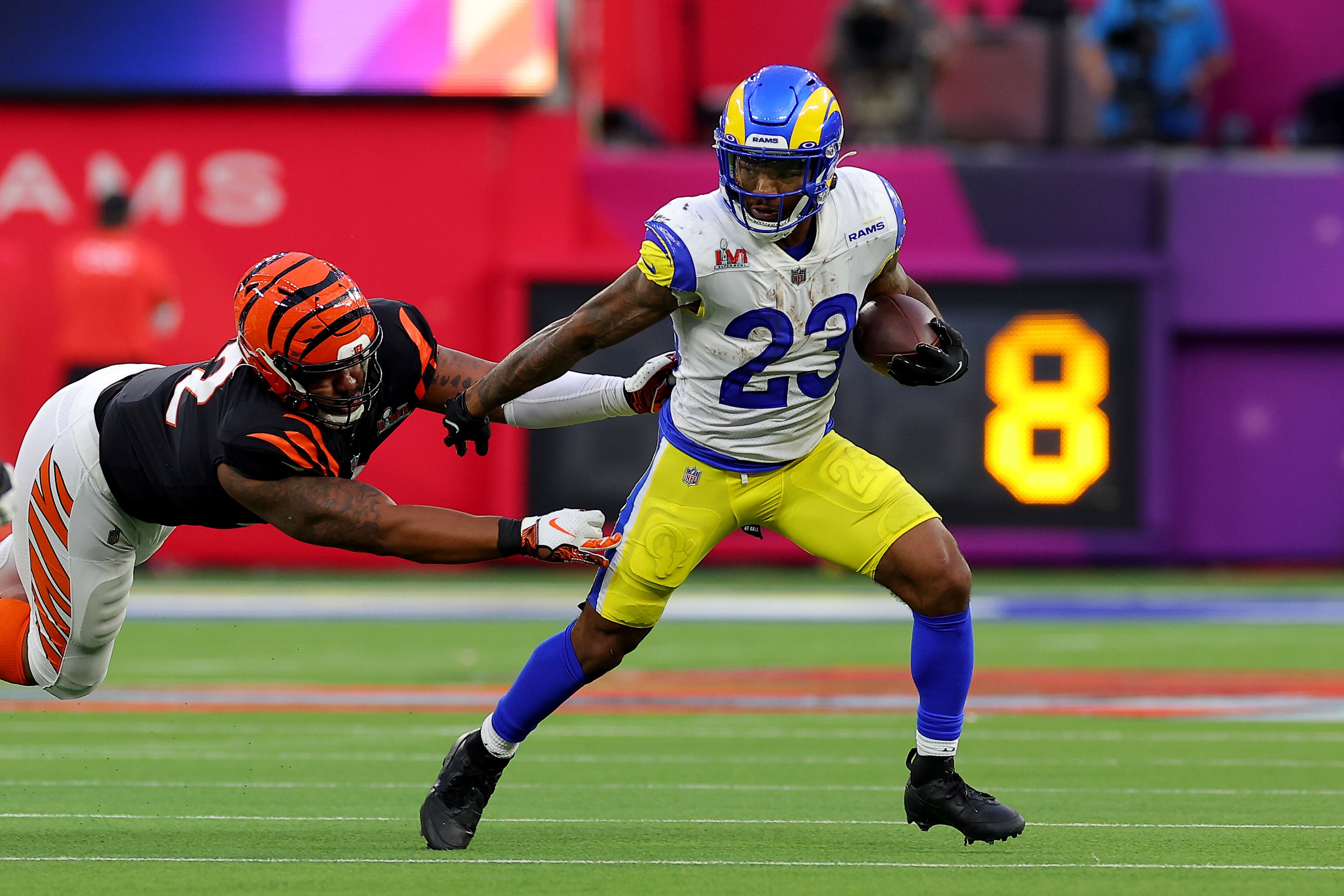 INGLEWOOD, CALIFORNIA - FEBRUARY 13: Cam Akers #23 of the Los Angeles Rams runs with the ball in the second quarter during Super Bowl LVI against the Cincinnati Bengals at SoFi Stadium on February 13, 2022 in Inglewood, California. (Photo by Kevin C. Cox/Getty Images)
