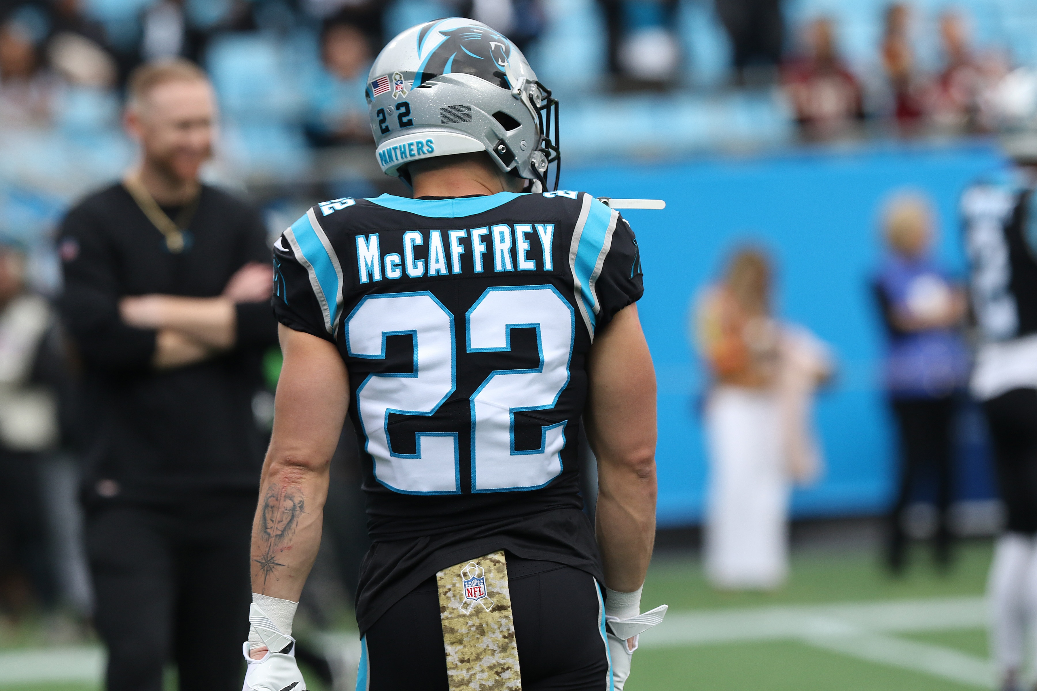CHARLOTTE, NC - NOVEMBER 21: Christian McCaffrey (22) running back of Carolina during an NFL football game between the Washington Football Team and the Carolina Panthers on November 21, 2021, at Bank of America Stadium in Charlotte, N.C. (Photo by John Byrum/Icon Sportswire via Getty Images)