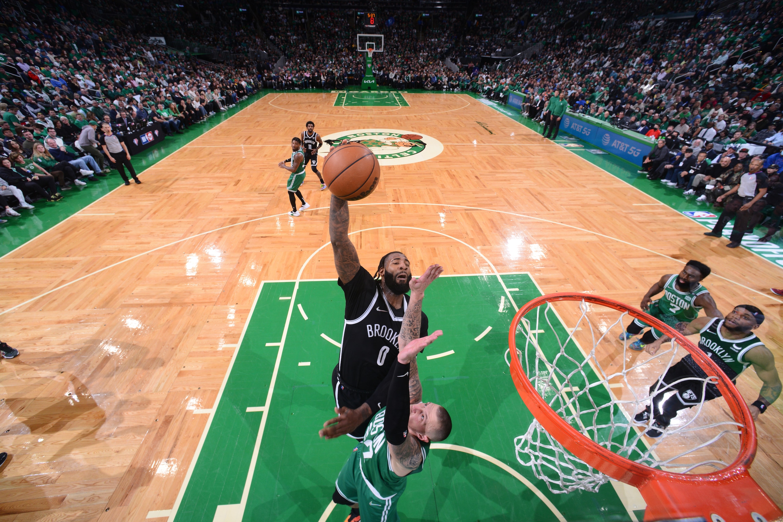 BOSTON, MA - APRIL 20: Andre Drummond #0 of the Brooklyn Nets drives to the basket during Round 1 Game 2 of the 2022 NBA Playoffs against the Boston Celtics on April 20, 2022 at the TD Garden in Boston, Massachusetts.  NOTE TO USER: User expressly acknowledges and agrees that, by downloading and or using this photograph, User is consenting to the terms and conditions of the Getty Images License Agreement. Mandatory Copyright Notice: Copyright 2022 NBAE  (Photo by Brian Babineau/NBAE via Getty Images)