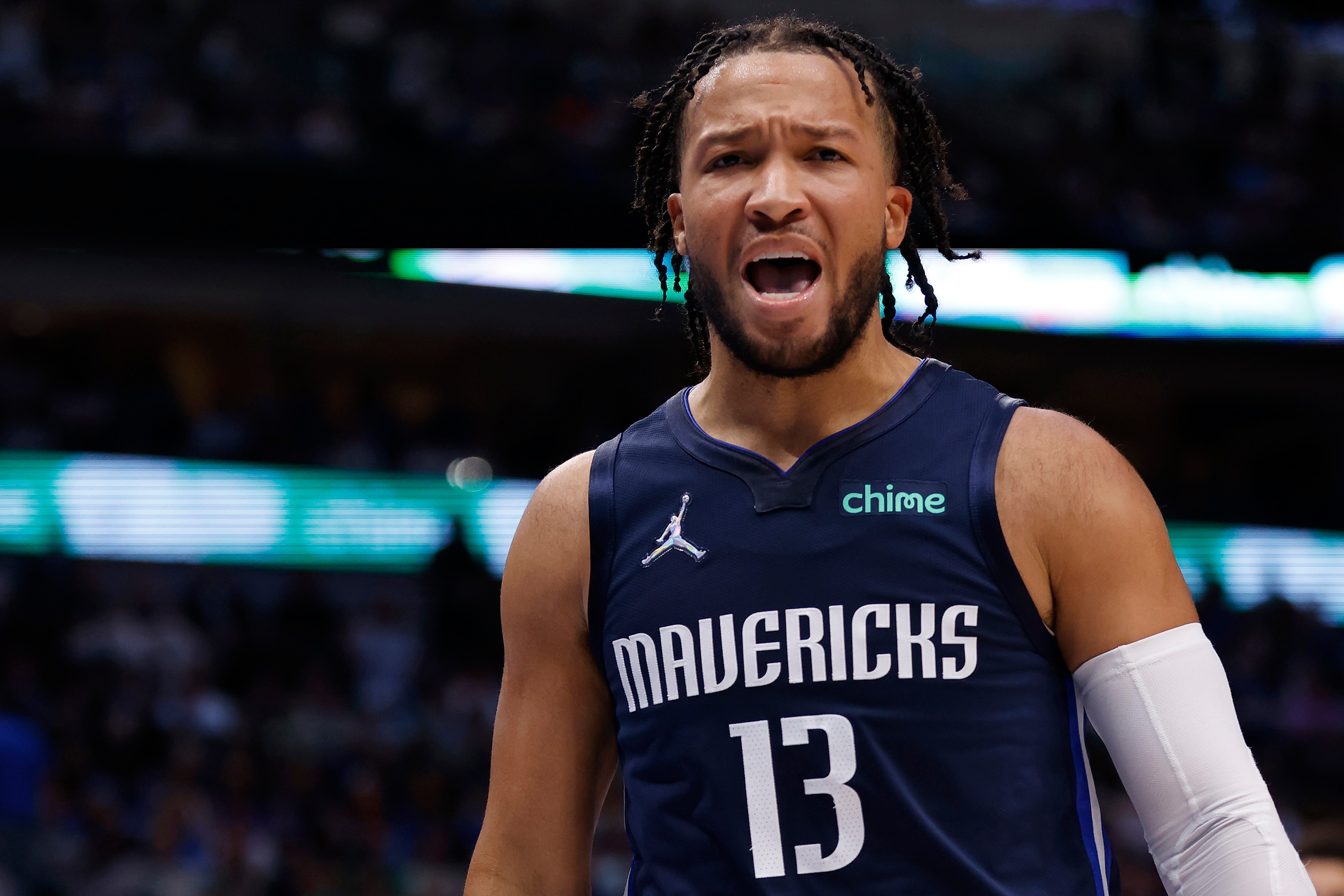 DALLAS, TEXAS - MAY 12: Jalen Brunson #13 of the Dallas Mavericks reacts against the Phoenix Suns in the fourth quarter of Game Six of the 2022 NBA Playoffs Western Conference Semifinals at American Airlines Center on May 12, 2022 in Dallas, Texas. NOTE TO USER: User expressly acknowledges and agrees that, by downloading and/or using this photograph, User is consenting to the terms and conditions of the Getty Images License Agreement. (Photo by Ron Jenkins/Getty Images)