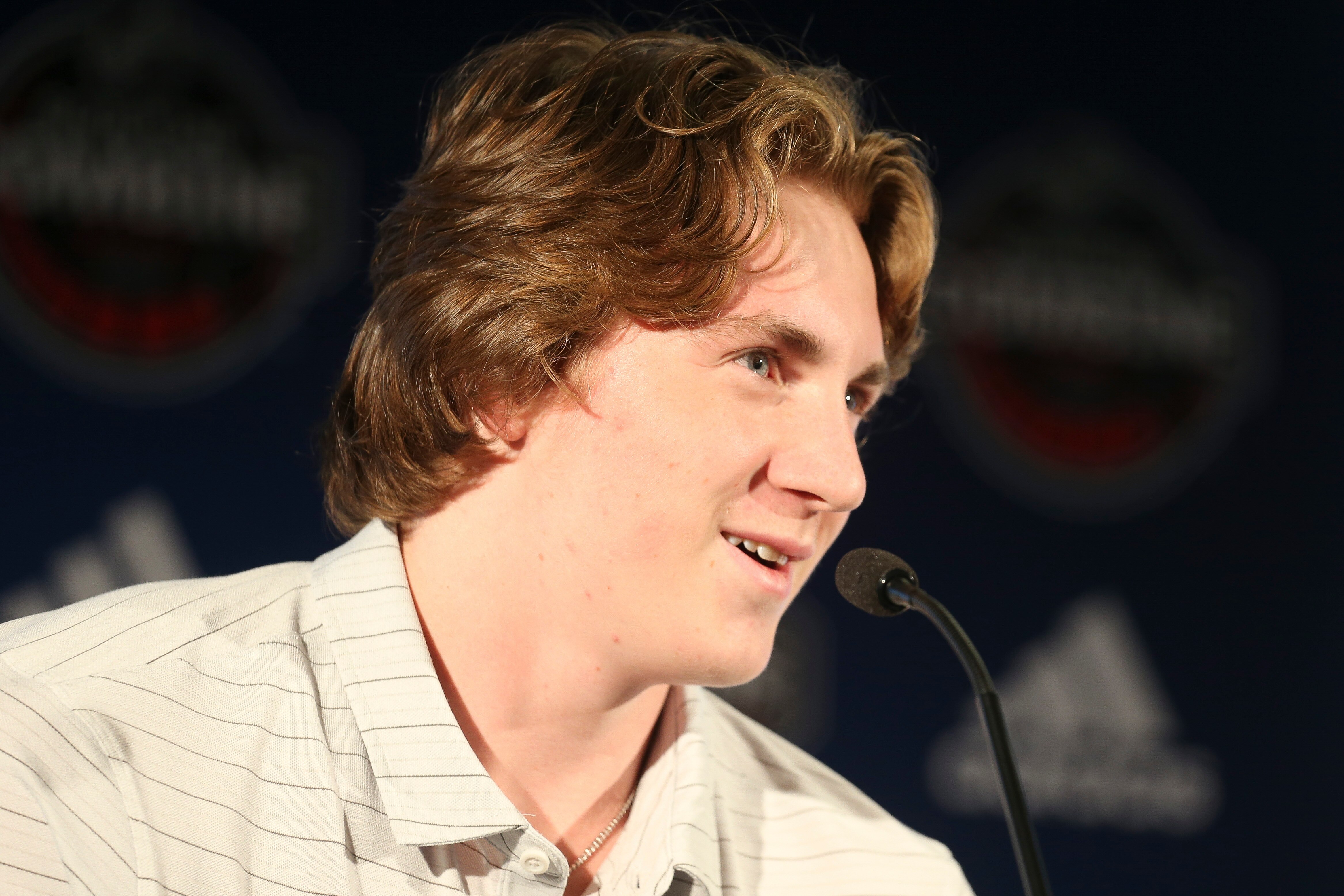 BUFFALO, NEW YORK - JUNE 03: Logan Cooley speaks at the Top Prospects Media Availability at the NHL Scouting Combine at HarborCenter on June 03, 2022 in Buffalo, New York. (Photo by Joshua Bessex/NHLI via Getty Images)