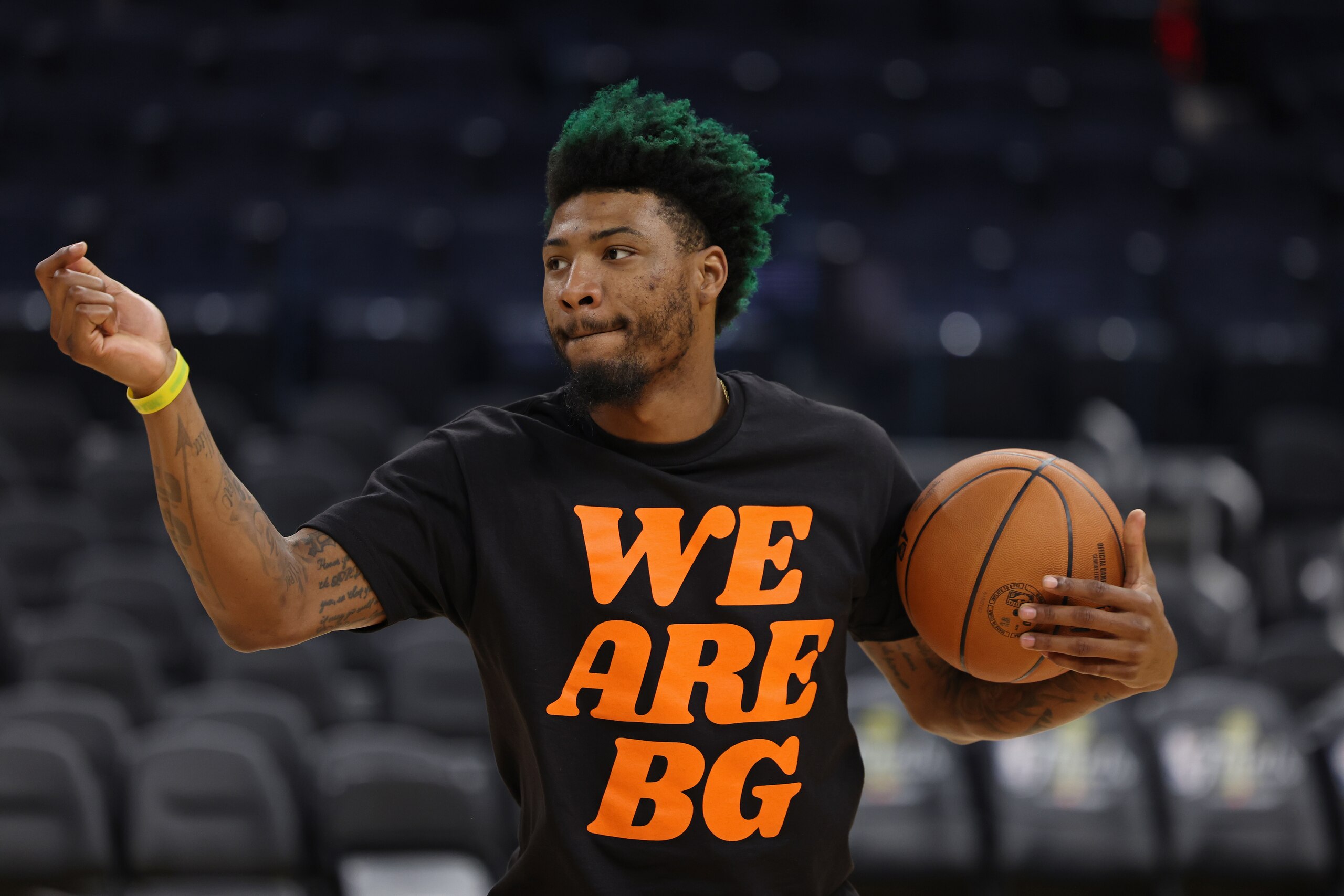 SAN FRANCISCO, CA - JUNE 4: Marcus Smart #36 of the Boston Celtics looks on during 2022 NBA Finals Practice and Media Availability on June 4, 2022 at Chase Center in San Francisco, California. NOTE TO USER: User expressly acknowledges and agrees that, by downloading and or using this photograph, user is consenting to the terms and conditions of Getty Images License Agreement. Mandatory Copyright Notice: Copyright 2022 NBAE (Photo by Mercedes Oliver/NBAE via Getty Images)