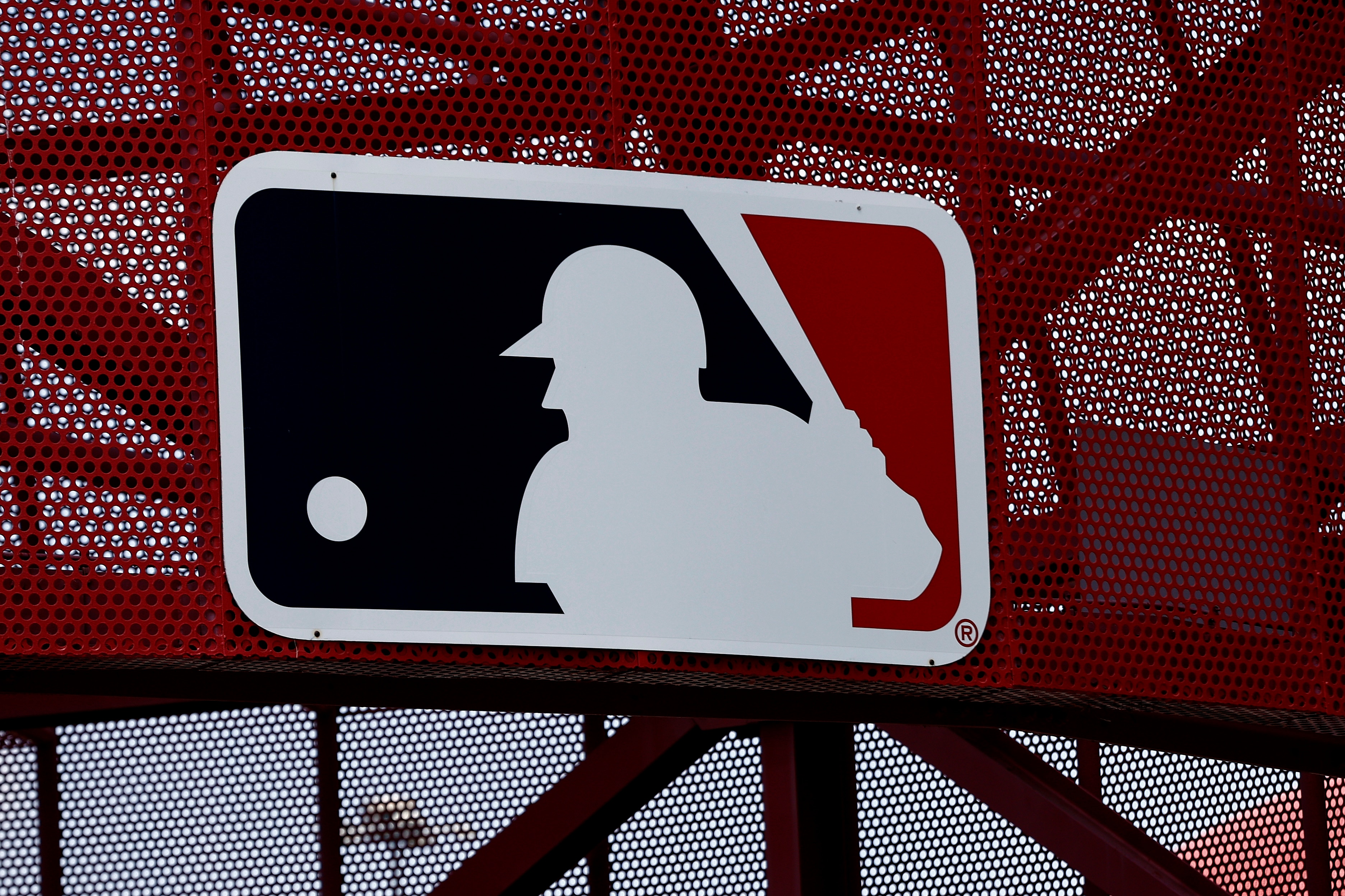 ANAHEIM, CALIFORNIA - MAY 22:  A MLB logo is seen before a game between the Oakland Athletics and the Los Angeles Angels at Angel Stadium of Anaheim on May 22, 2022 in Anaheim, California. (Photo by Ronald Martinez/Getty Images)