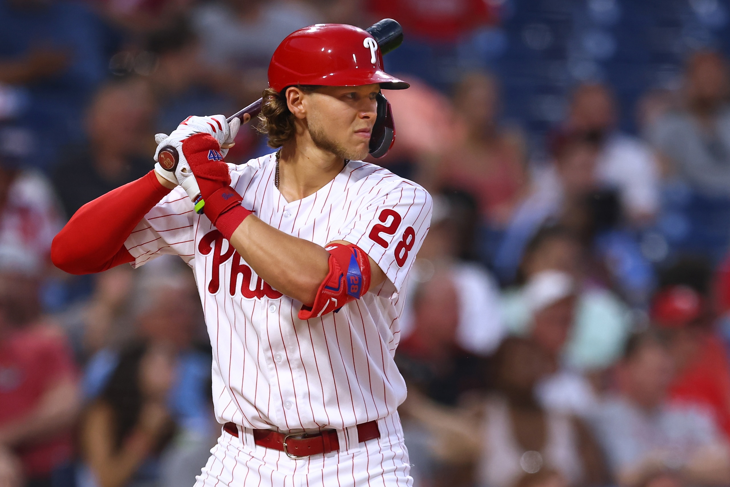 PHILADELPHIA, PA - MAY 31: Alec Bohm #28 of the Philadelphia Phillies in action during a game against the San Francisco Giants at Citizens Bank Park on May 31, 2022 in Philadelphia, Pennsylvania. (Photo by Rich Schultz/Getty Images)
