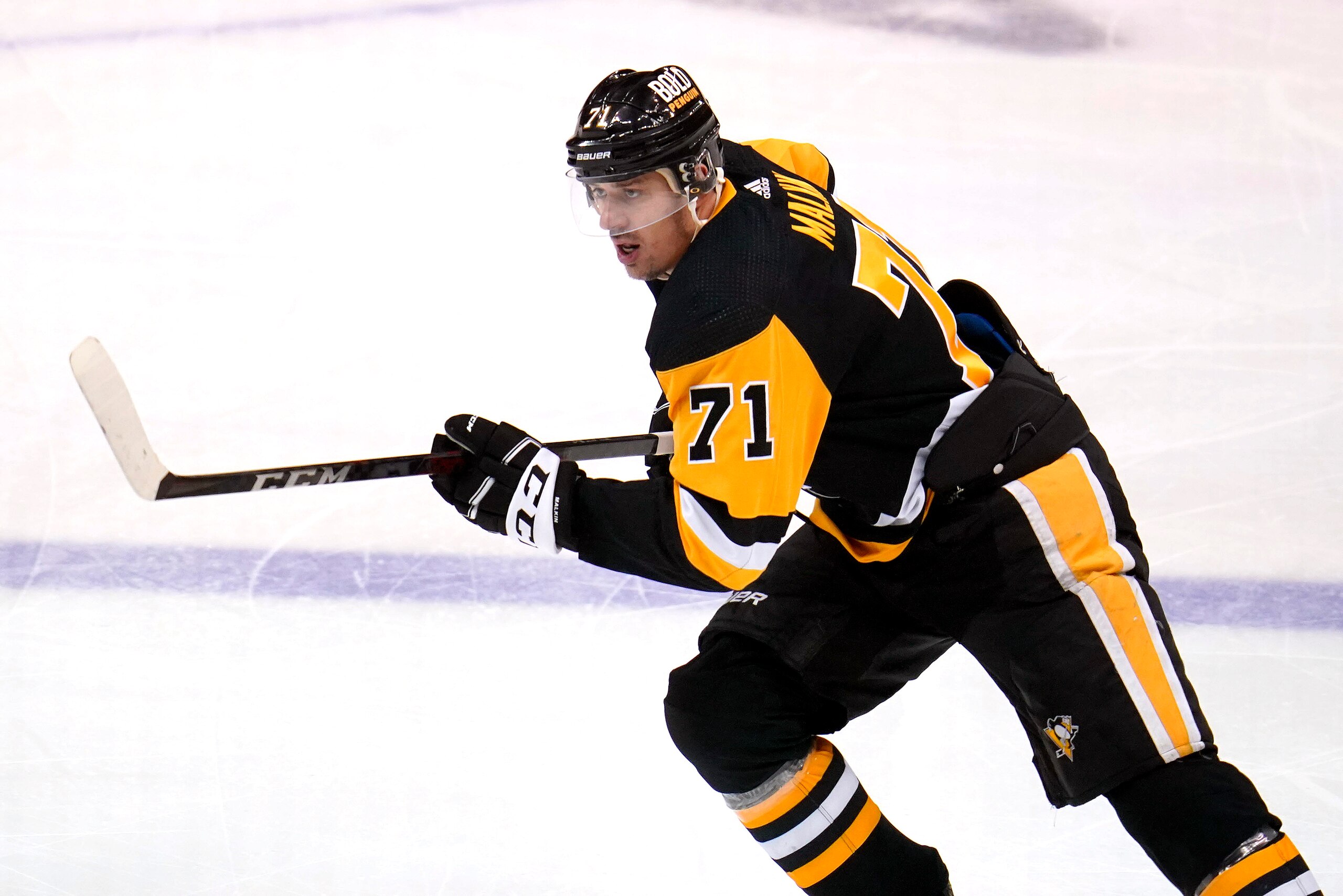 Pittsburgh Penguins' Evgeni Malkin (71) plays in Game 6 of an NHL hockey Stanley Cup first-round playoff series against the New York Rangers in Pittsburgh, Friday, May 13, 2022. The Rangers won 5-3. (AP Photo/Gene J. Puskar)