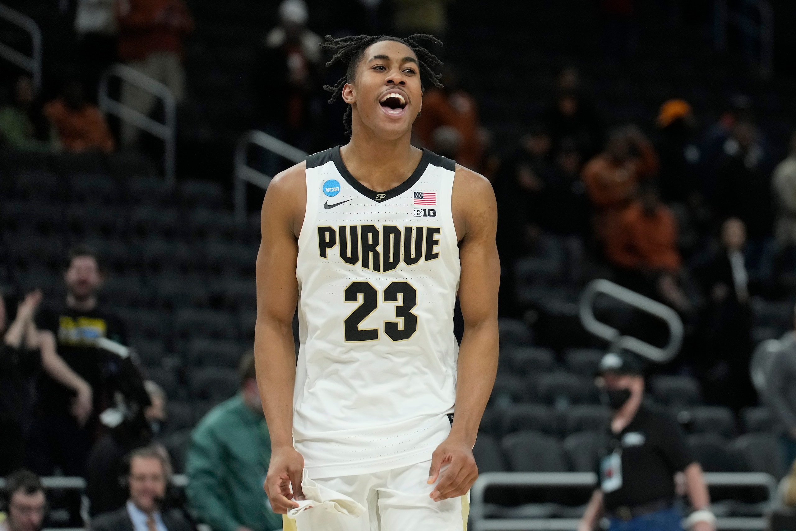 MILWAUKEE, WISCONSIN - MARCH 20: Jaden Ivey #23 of the Purdue Boilermakers celebrates after defeating the Texas Longhorns 81-71 in the second round of the 2022 NCAA Men's Basketball Tournament at Fiserv Forum on March 20, 2022 in Milwaukee, Wisconsin. (Photo by Patrick McDermott/Getty Images)