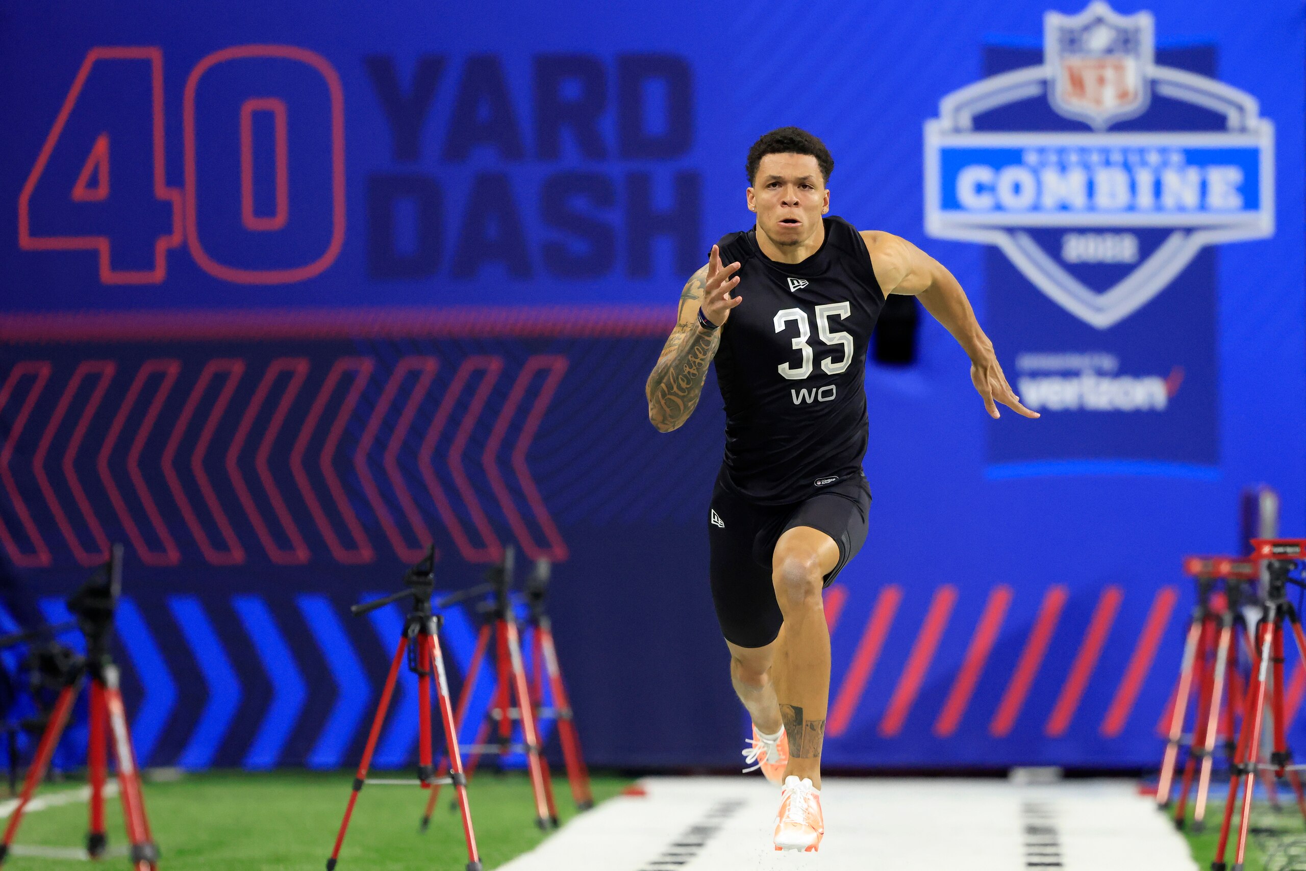 INDIANAPOLIS, INDIANA - MARCH 03: Christian Watson #WO35 of North Dakota State runs the 40 yard dash during the NFL Combine at Lucas Oil Stadium on March 03, 2022 in Indianapolis, Indiana. (Photo by Justin Casterline/Getty Images) INDIANAPOLIS, INDIANA - MARCH 03: Christian Watson #WO35 of North Dakota State runs the 40 yard dash during the NFL Combine at Lucas Oil Stadium on March 03, 2022 in Indianapolis, Indiana. (Photo by Justin Casterline/Getty Images)