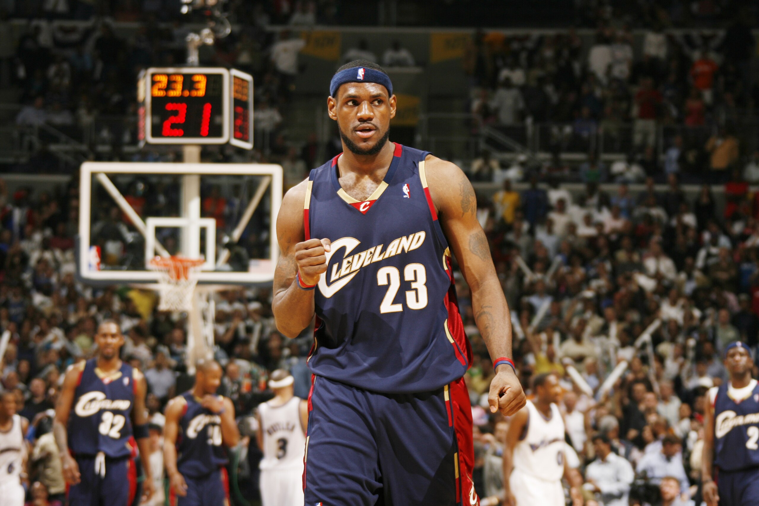 WASHINGTON - MAY 5:  LeBron James #23 of the Cleveland Cavaliers looks on against the Washington Wizards in game six of the Eastern Conference Quarterfinals during the 2006 NBA Playoffs on May 5, 2006 at the Verizon Center in Washington, D.C.  The Cavs won 114-113 in overtime. NOTE TO USER: User expressly acknowledges and agrees that, by downloading and or using this photograph, User is consenting to the terms and conditions of the Getty Images License Agreement. Mandatory Copyright Notice: Copyright 2005 NBAE (Photo by Nathaniel S. Butler/NBAE via Getty Images) 