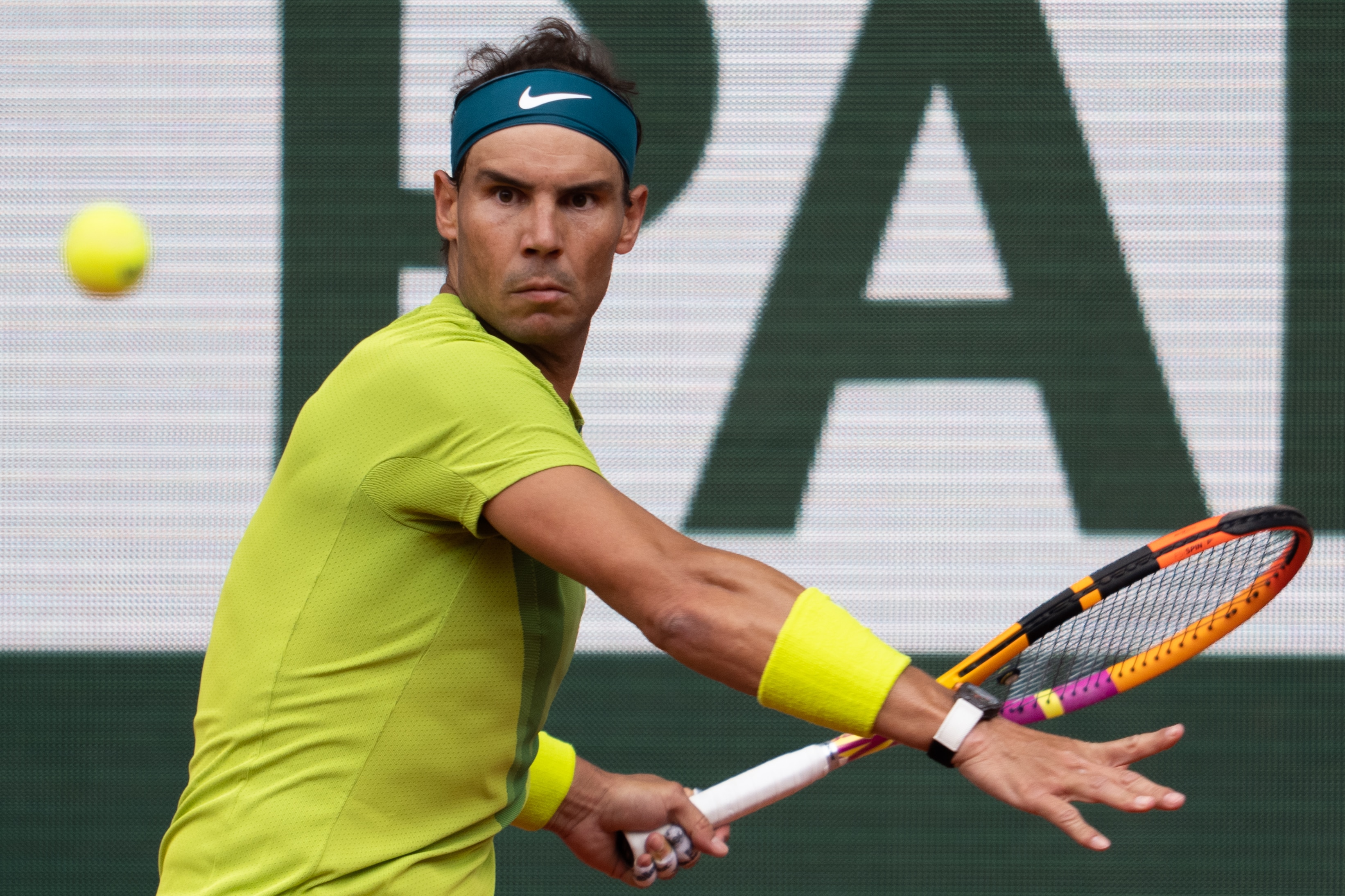 PARIS, FRANCE - June 5: Rafael Nadal of Spain plays Casper Ruud  (not seen) of Norway in the menâs final match during the French Open tennis tournament, Roland âGarros in Paris, France on June 5, 2022. (Photo by Mine Kasapoglu/Anadolu Agency via Getty Images)