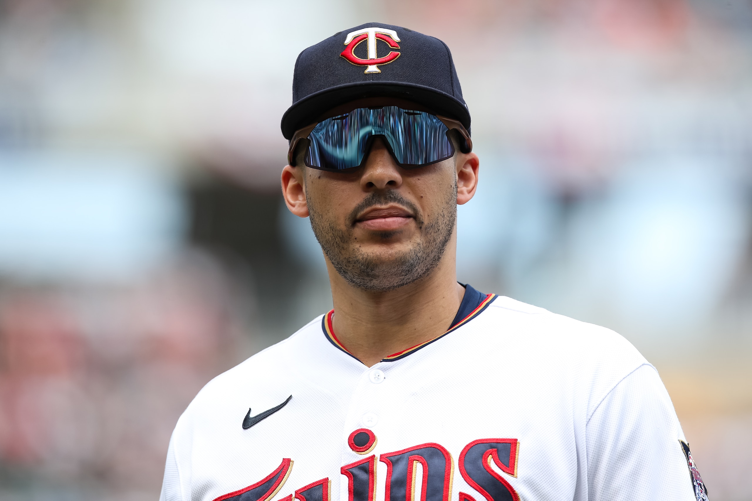 MINNEAPOLIS, MN - MAY 28: Carlos Correa #4 of the Minnesota Twins looks on against the Kansas City Royals in the fifth inning of the game at Target Field on May 28, 2022 in Minneapolis, Minnesota. The Royals defeated the Twins 7-3. (Photo by David Berding/Getty Images)