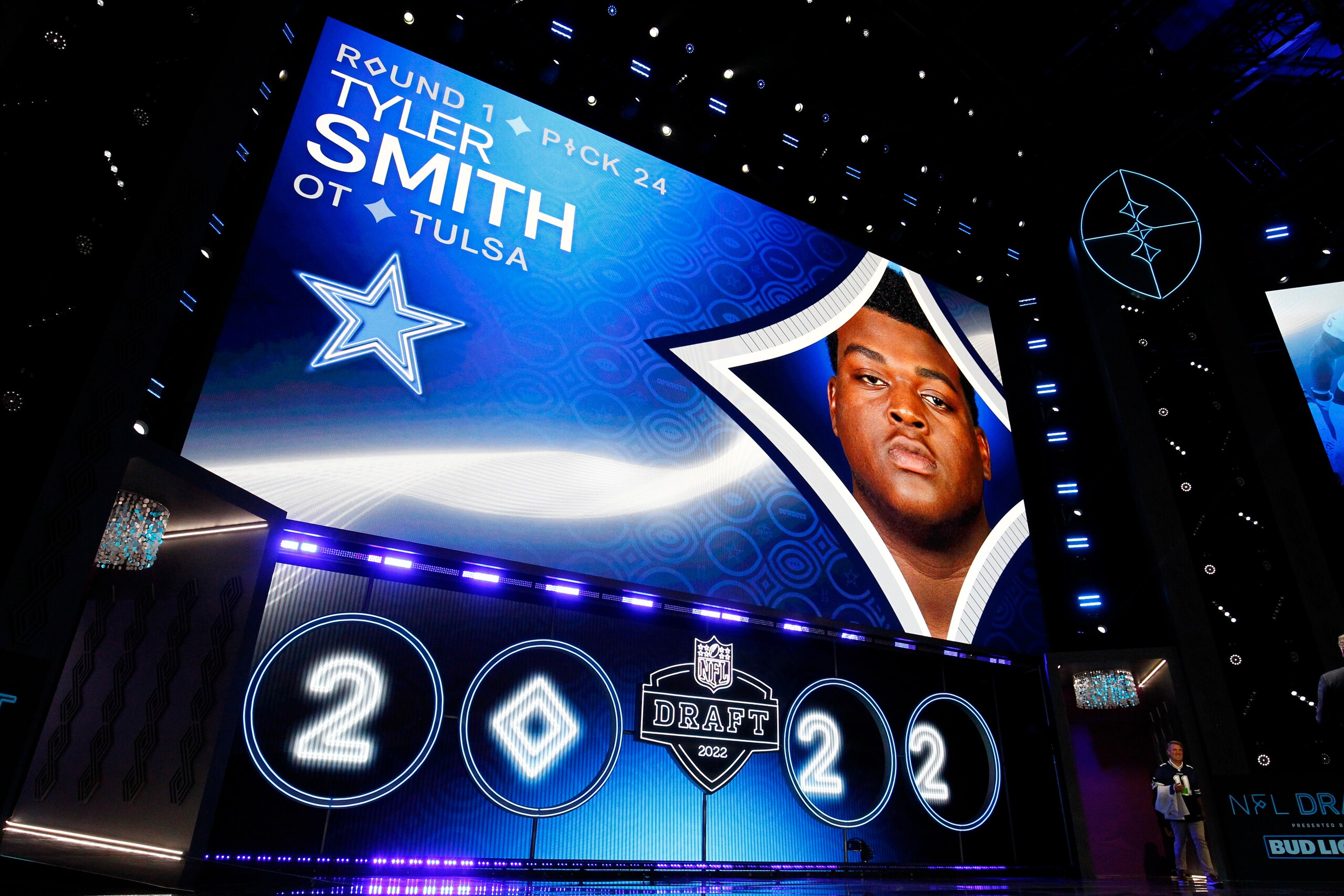LAS VEGAS, NV - APRIL 28: Tyler Smith, Tulsa is selected as the number 24 pick by the Dallas Cowboys during the NFL Draft on April 28, 2022 in Las Vegas, Nevada. (Photo by Jeff Speer/Icon Sportswire via Getty Images) LAS VEGAS, NV - APRIL 28: Tyler Smith, Tulsa is selected as the number 24 pick by the Dallas Cowboys during the NFL Draft on April 28, 2022 in Las Vegas, Nevada. (Photo by Jeff Speer/Icon Sportswire via Getty Images)