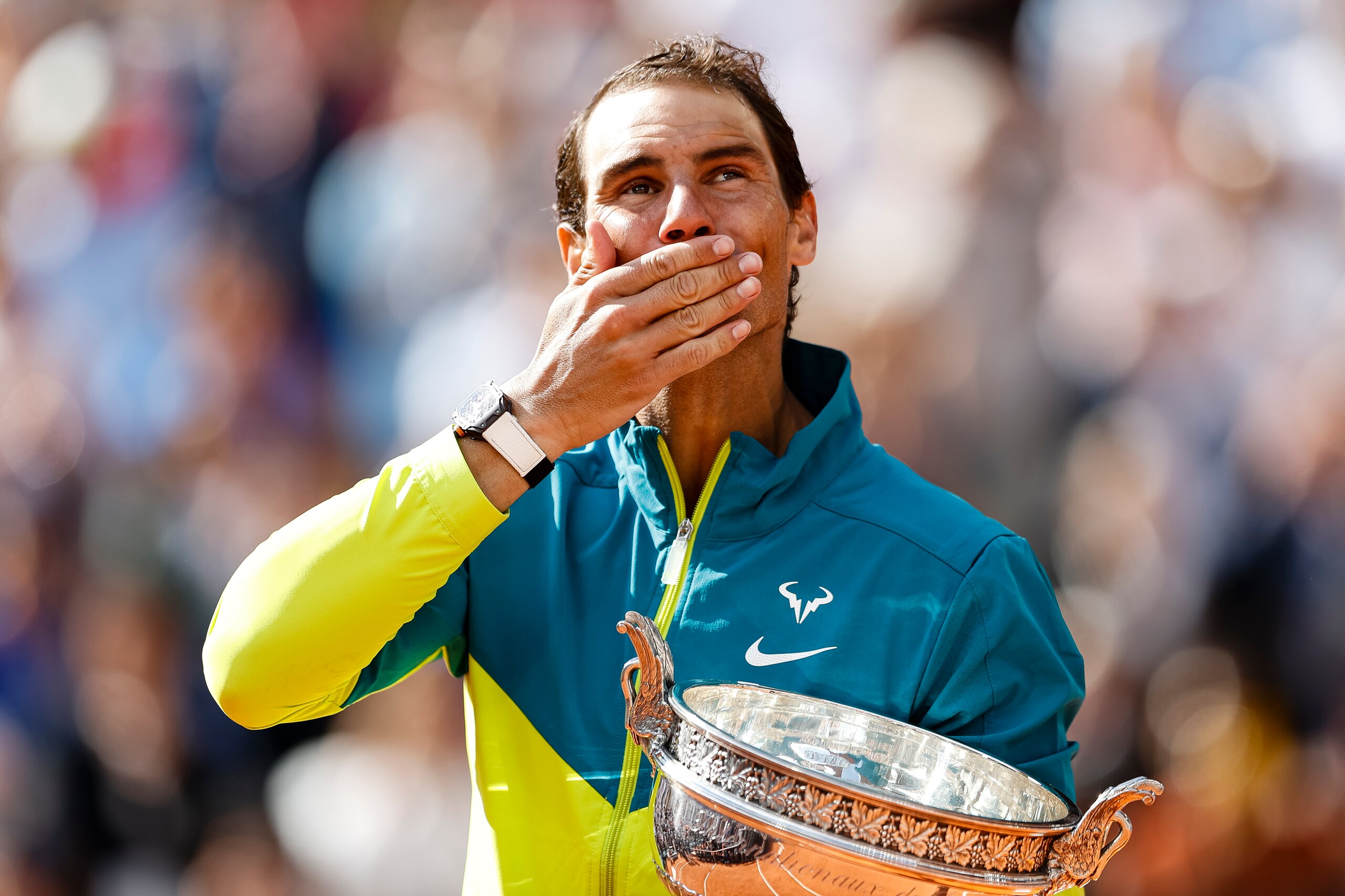 PARIS, FRANCE - JUNE 05: Rafa Nadal of Spain celebrates his victory with the Musketeers Cup after the men's final against Casper Ruud of Norway on Day 15 of The 2022 French Open at Roland Garros on June 5, 2022 in Paris, France. (Photo by Antonio Borga/Eurasia Sport Images/Getty Images)