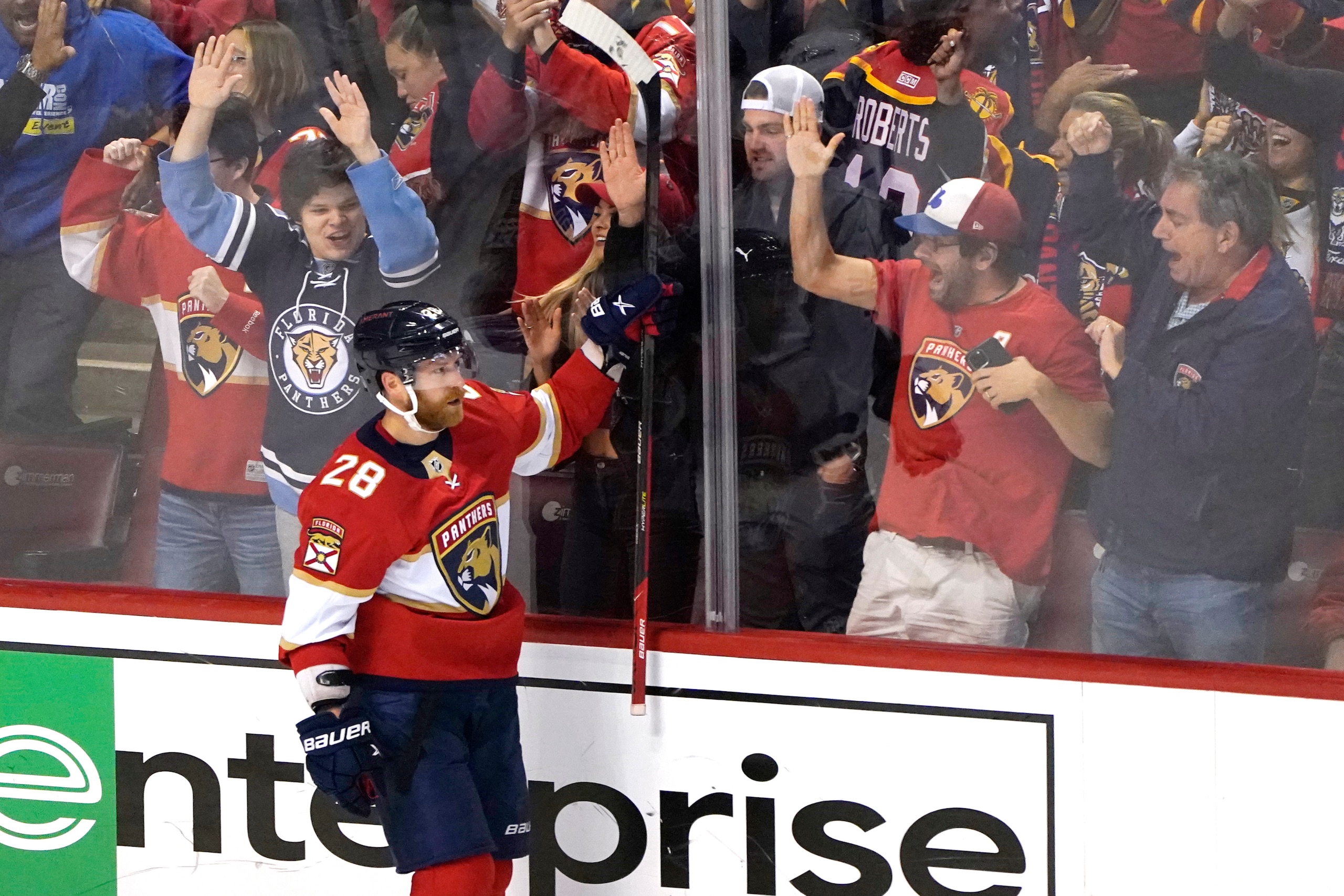 Florida Panthers right wing Claude Giroux (28) celebrates after scoring a goal during the third period of Game 5 of the first round of the NHL Stanley Cup hockey playoffs against the Washington Capitals, Wednesday, May 11, 2022, in Sunrise, Fla. The Panthers won 5-3. (AP Photo/Lynne Sladky)