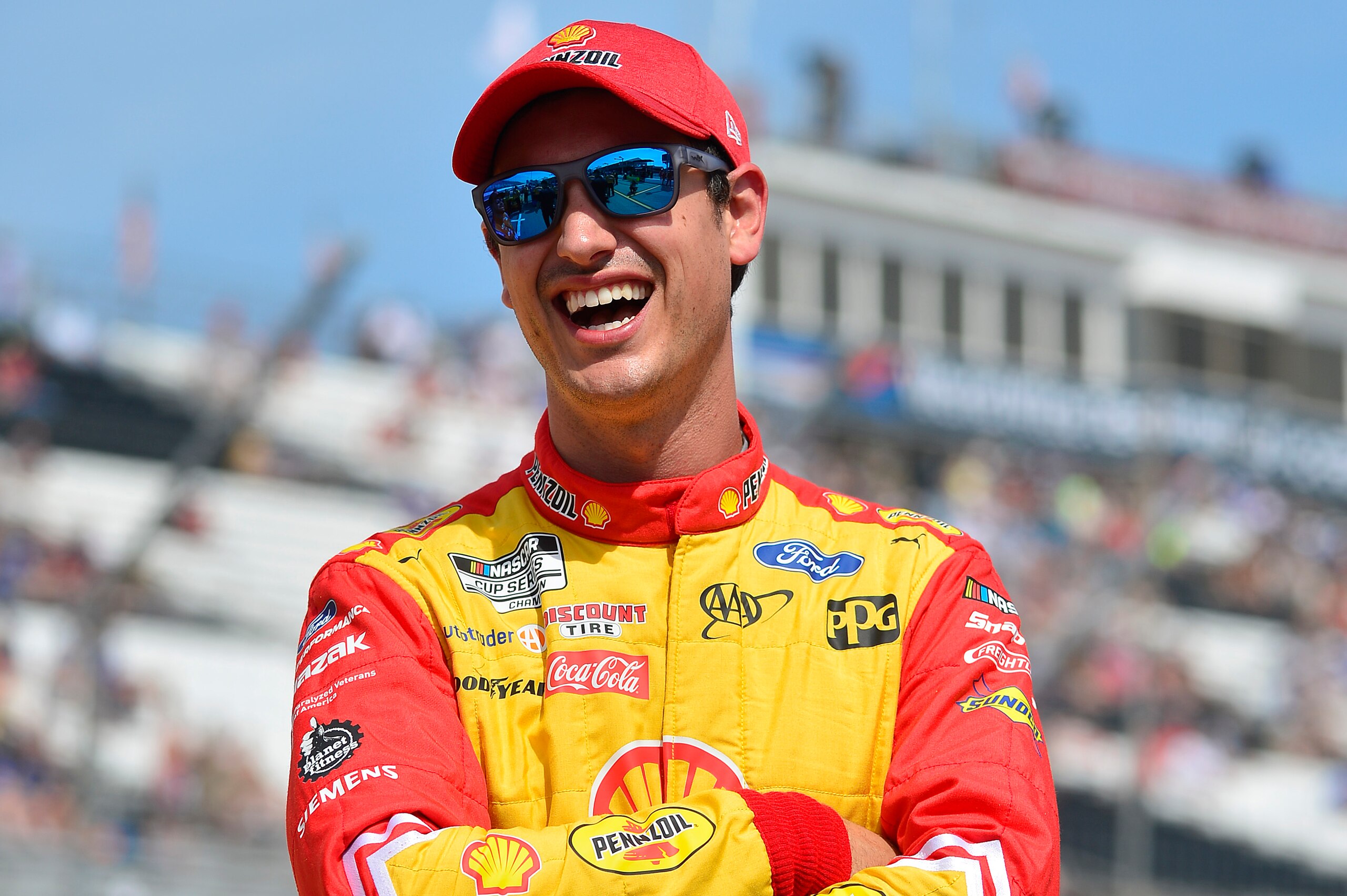 MADISON, ILLINOIS - JUNE 04: Joey Logano, driver of the #22 Shell Pennzoil Ford, laughs on the grid during qualifying for the NASCAR Cup Series Enjoy Illinois 300 at WWT Raceway on June 04, 2022 in Madison, Illinois. (Photo by Jeff Curry/Getty Images) MADISON, ILLINOIS - JUNE 04: Joey Logano, driver of the #22 Shell Pennzoil Ford, laughs on the grid during qualifying for the NASCAR Cup Series Enjoy Illinois 300 at WWT Raceway on June 04, 2022 in Madison, Illinois. (Photo by Jeff Curry/Getty Images)