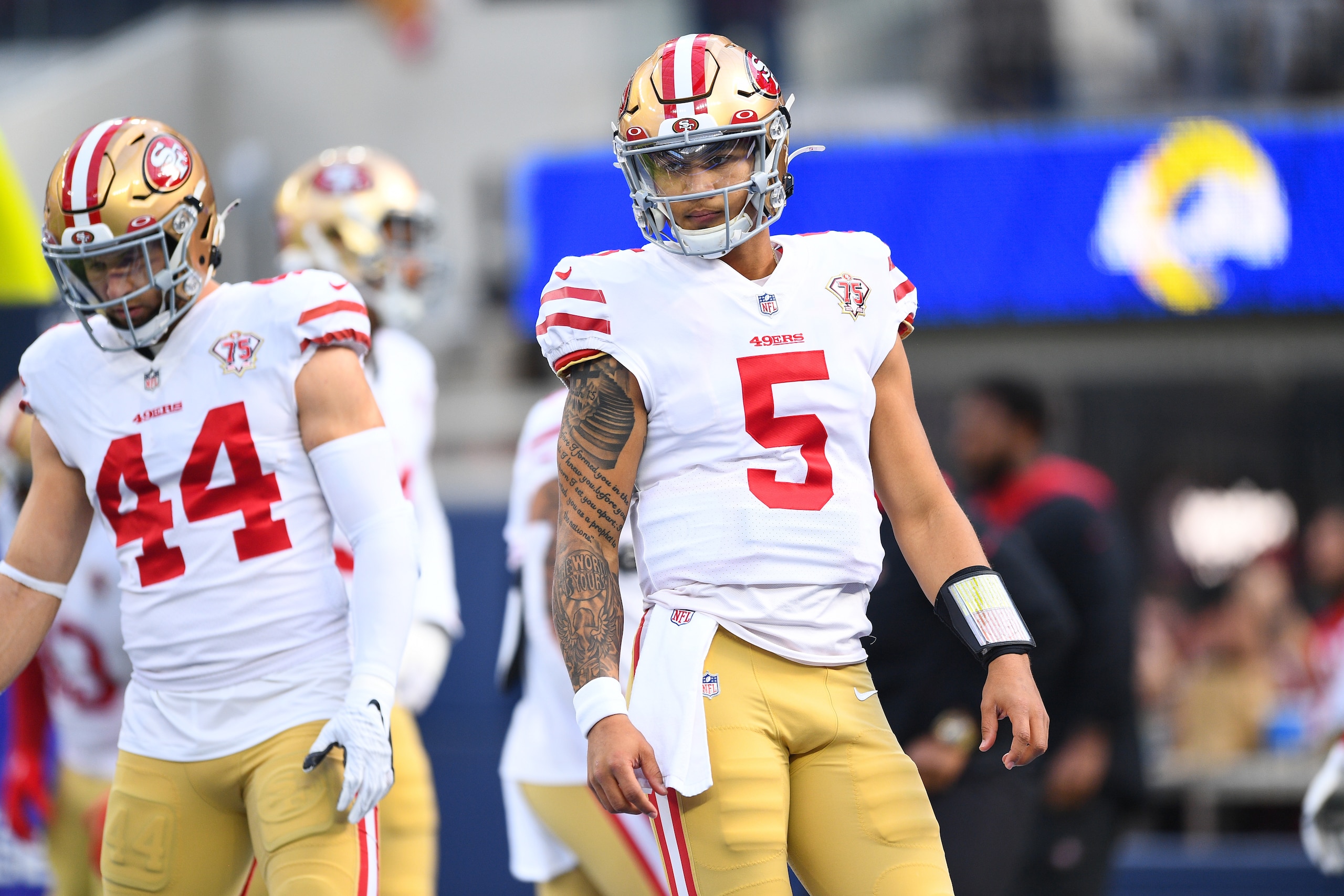 INGLEWOOD, CA - JANUARY 09: San Francisco 49ers Quarterback Trey Lance (5) looks on before the NFL game between the San Francisco 49ers and the Los Angeles Rams on January 9, 2022, at SoFi Stadium in Inglewood, CA. (Photo by Brian Rothmuller/Icon Sportswire via Getty Images)