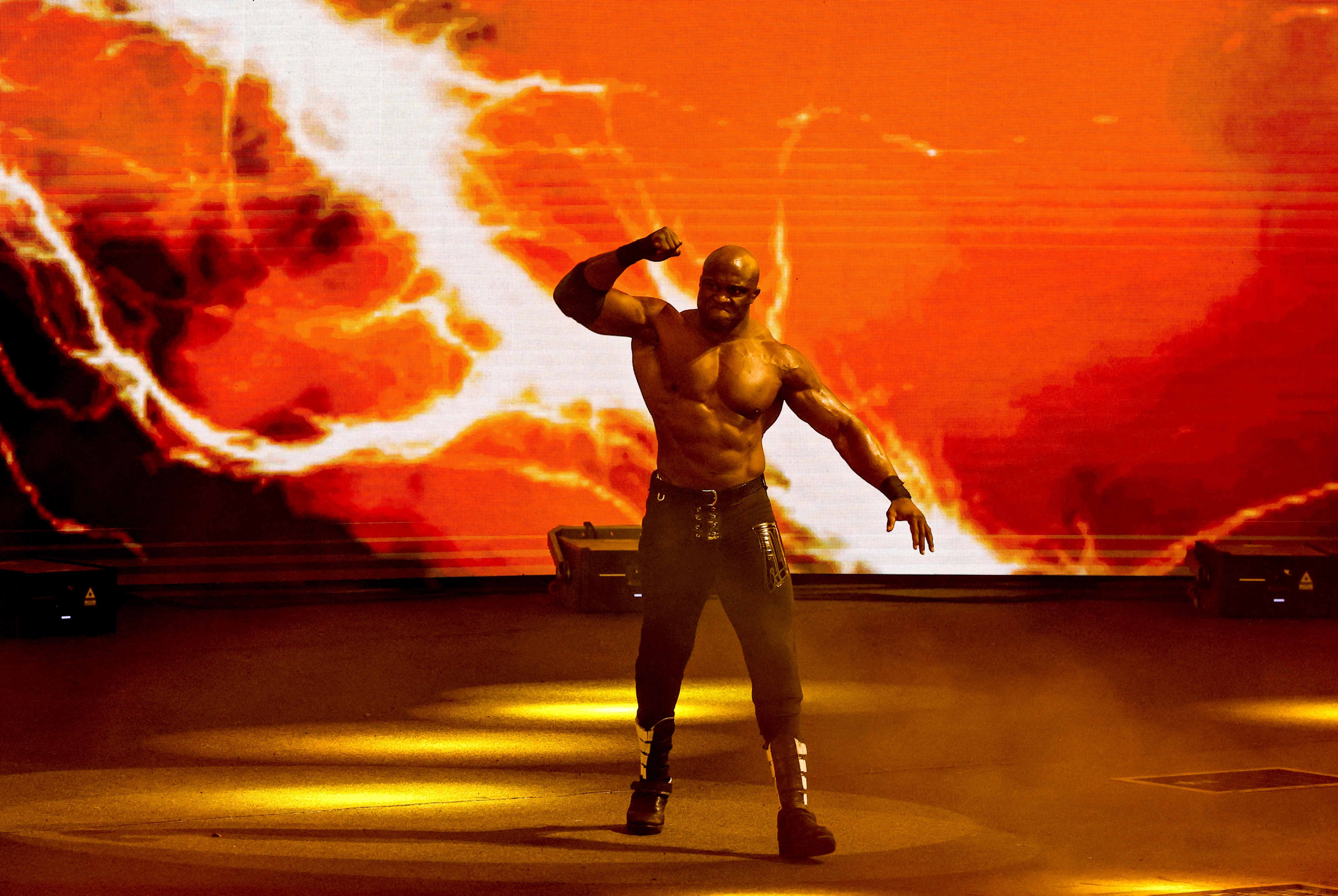 Bobby Lashley arrives for his match during the World Wrestling Entertainment (WWE) Crown Jewel pay-per-view in the Saudi capital Riyadh on October 21, 2021. (Photo by Fayez Nureldine / AFP) (Photo by FAYEZ NURELDINE/AFP via Getty Images)
