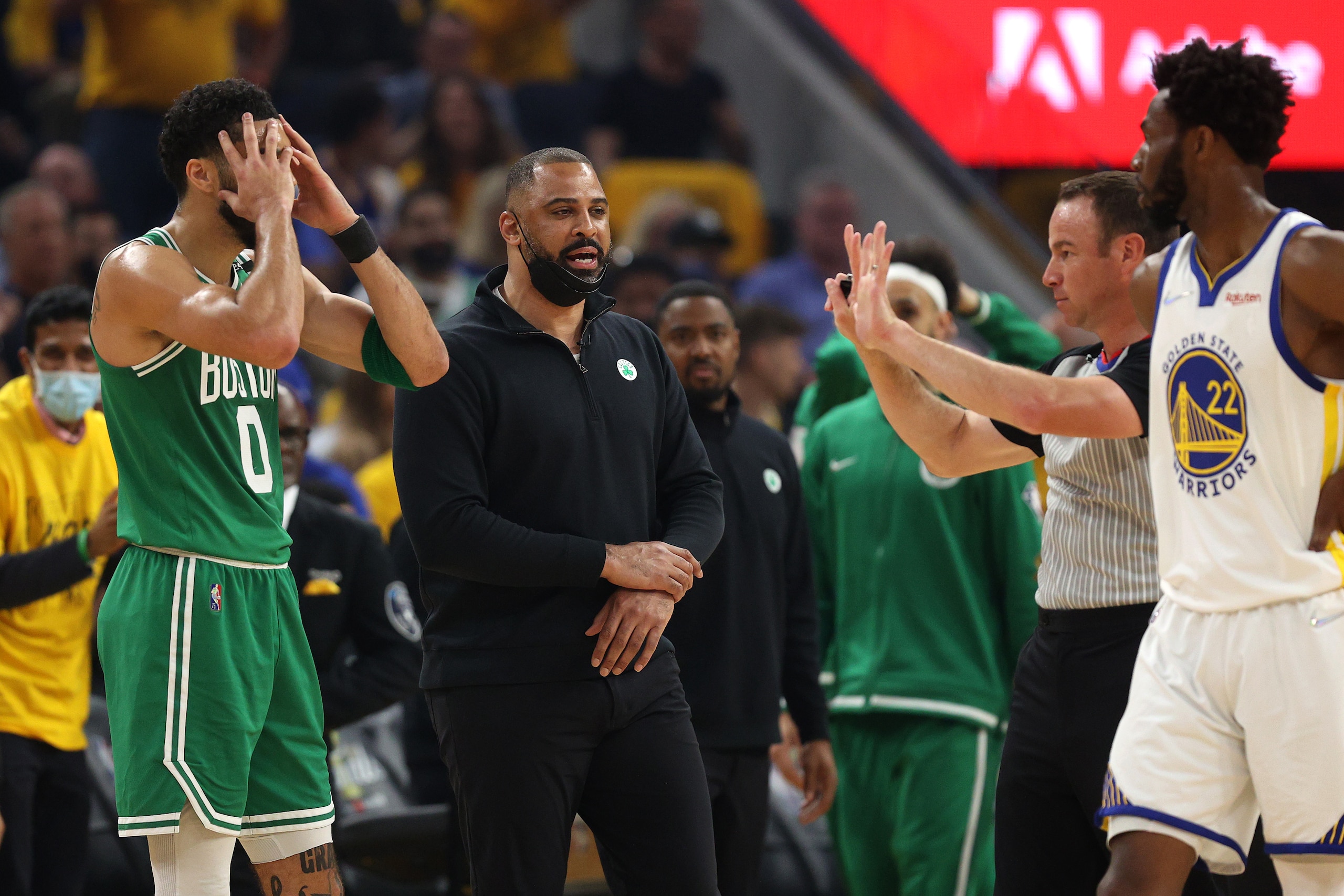 SAN FRANCISCO, CALIFORNIA - JUNE 05: Jayson Tatum #0 of the Boston Celtics reacts during the first quarter against the Golden State Warriors in Game Two of the 2022 NBA Finals at Chase Center on June 05, 2022 in San Francisco, California. NOTE TO USER: User expressly acknowledges and agrees that, by downloading and/or using this photograph, User is consenting to the terms and conditions of the Getty Images License Agreement. (Photo by Ezra Shaw/Getty Images)