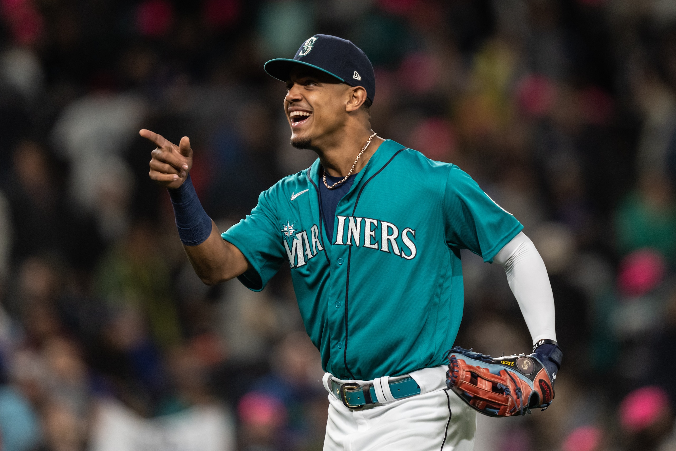 SEATTLE, WA - MAY 27: Julio Rodriguez #44 of the Seattle Mariners celebrates after a game against the Houston Astros at T-Mobile Park on May 27, 2022 in Seattle, Washington. The Mariners won 6-1. (Photo by Stephen Brashear/Getty Images) SEATTLE, WA - MAY 27: Julio Rodriguez #44 of the Seattle Mariners celebrates after a game against the Houston Astros at T-Mobile Park on May 27, 2022 in Seattle, Washington. The Mariners won 6-1. (Photo by Stephen Brashear/Getty Images)