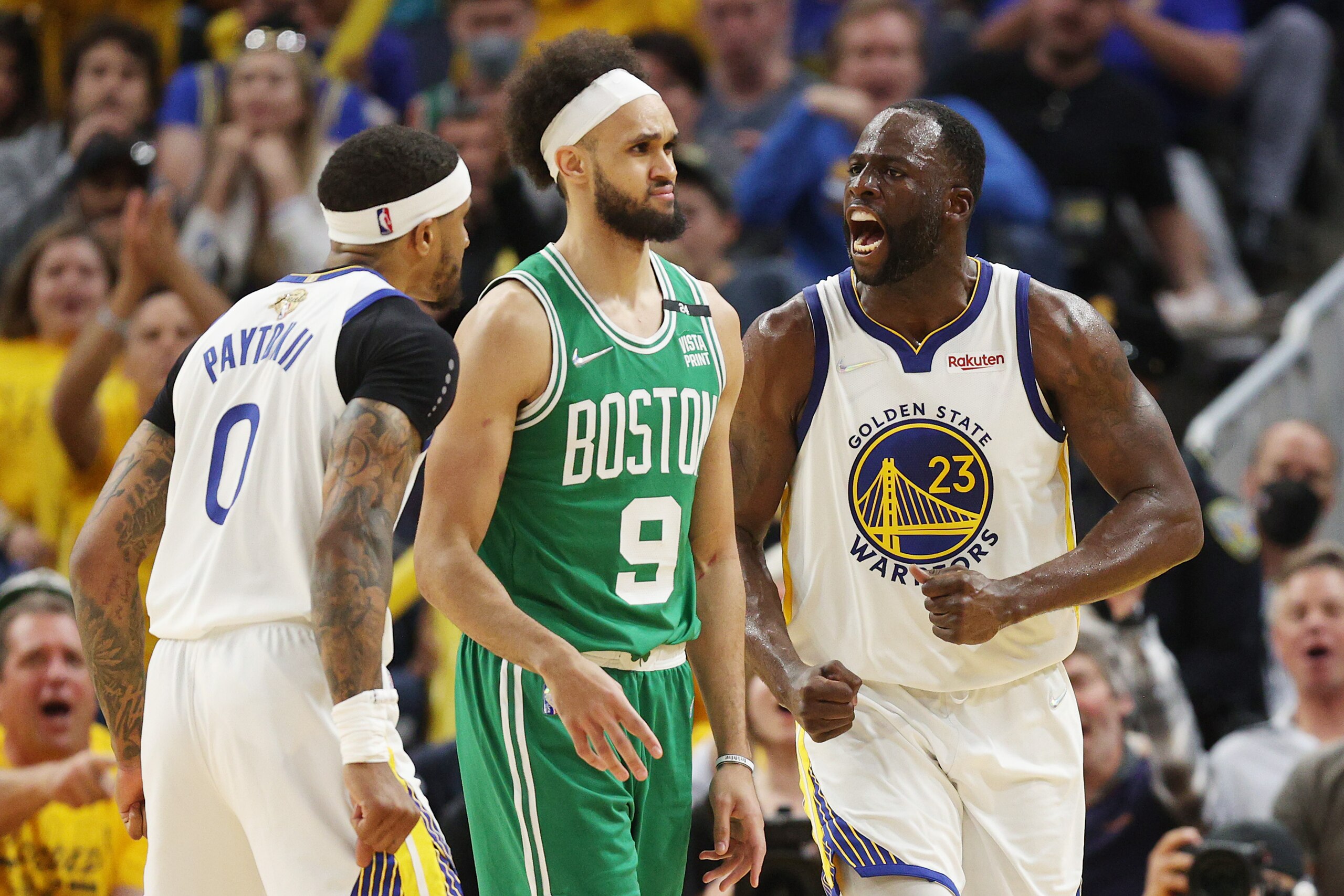 SAN FRANCISCO, CALIFORNIA - JUNE 05: Draymond Green #23 of the Golden State Warriors reacts during the third quarter against the Boston Celtics in Game Two of the 2022 NBA Finals at Chase Center on June 05, 2022 in San Francisco, California. NOTE TO USER: User expressly acknowledges and agrees that, by downloading and/or using this photograph, User is consenting to the terms and conditions of the Getty Images License Agreement. (Photo by Ezra Shaw/Getty Images)